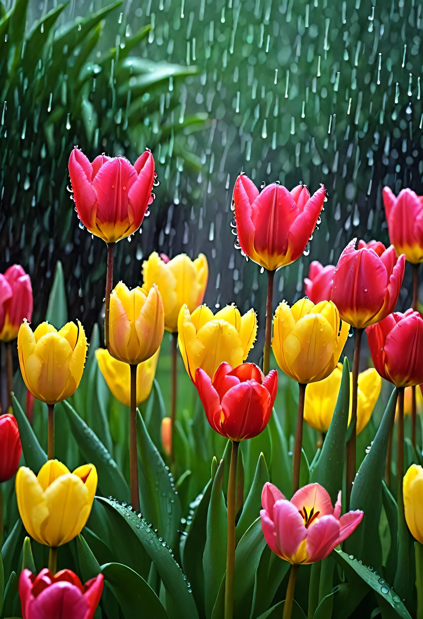 A magical photo of a beautiful tulips flowers under the pouring rain.