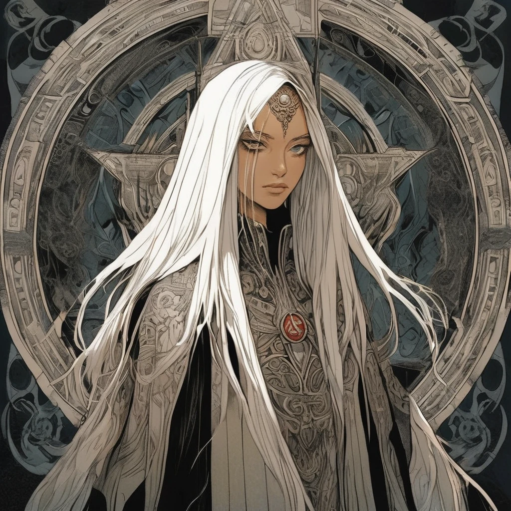 Born to nobility but orphaned young, raised by the ascendant "new faith"
Rose quickly thanks to ingenuity/cunning, molded by harsh then kinder mentors
Guardians were part of a secret sect influencing global politics through manipulation
Was ultimately inducted into an occult rite making her the unwitting host of an Old God
Lithe and beautiful with long silver hair