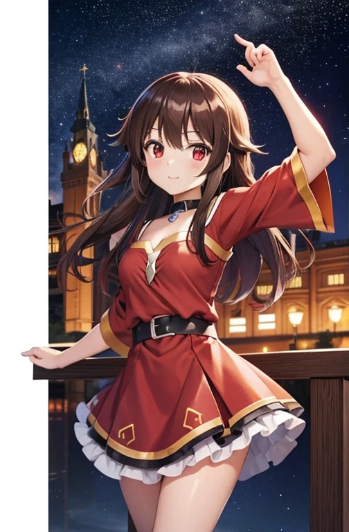 masterpiece, Better Quality, Princess_Megumin_KonoSuba, Red dress, Red eyes, Short brown hair, Are standing, (city: 1.1), Hold the skirt, Starry Sky, Brazil, At night