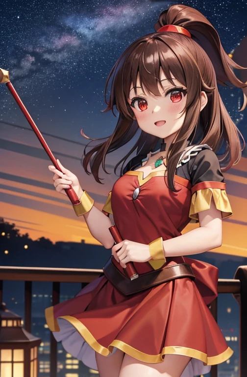 masterpiece, Better Quality, Princess_Megumin_KonoSuba, Red dress, Red eyes, Short brown hair, Are standing, (city: 1.1), Hold the skirt, Starry Sky, Brazil, At night