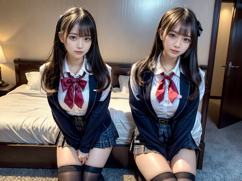 master piece, best quality, illustration, Super detailed, fine details, High resolution, 8K,wall paper, perfect dynamic composition,(Details High quality, realistic depiction of eyes:1.3), ((2 girls, 2 schoolgirls)), The background is a luxury hotel room、High school girl uniform、blazer 、Super Short Check Uniform Skirt、Navy blue high socks、garterbelts、Colossal tits、Disturbed uniform, Play with each other,Touching each other's bodies,Touching the body of the girl next door, short bob hair, black hair color, huge breasts, Big Natural Color Lip, bold sexy pose, (perfect body shape), crying a little、cold gaze, Harajuku style、Beautiful makeup,glitter makeup,Cutest 18 years old, beautiful legs, hposing Gravure Idol, Voluptuous thighs