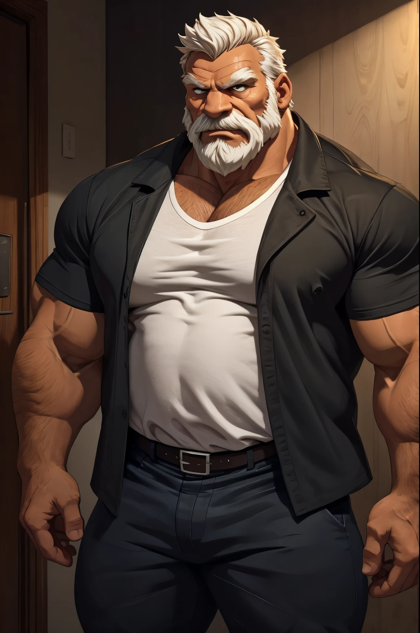 huge muscular, massive muscular, full-body, huge muscular old man in a white shirt, thick arms, wide pectoral, thick pectoral, huge pectoral. Make sure the resulting image has a cartoonish look, with vibrant colors and smooth edges. Add details to give the old man an angry look, such as furrowed brows and a tight mouth. Make sure that the black shirt striped with white is an important element of the image, and add details to make it attractive and interesting. Add textures and details to make the image more realistic, such as the appearance of the shirt texture and the appearance of the skin. Make sure the resulting image is high resolution, 8K quality."