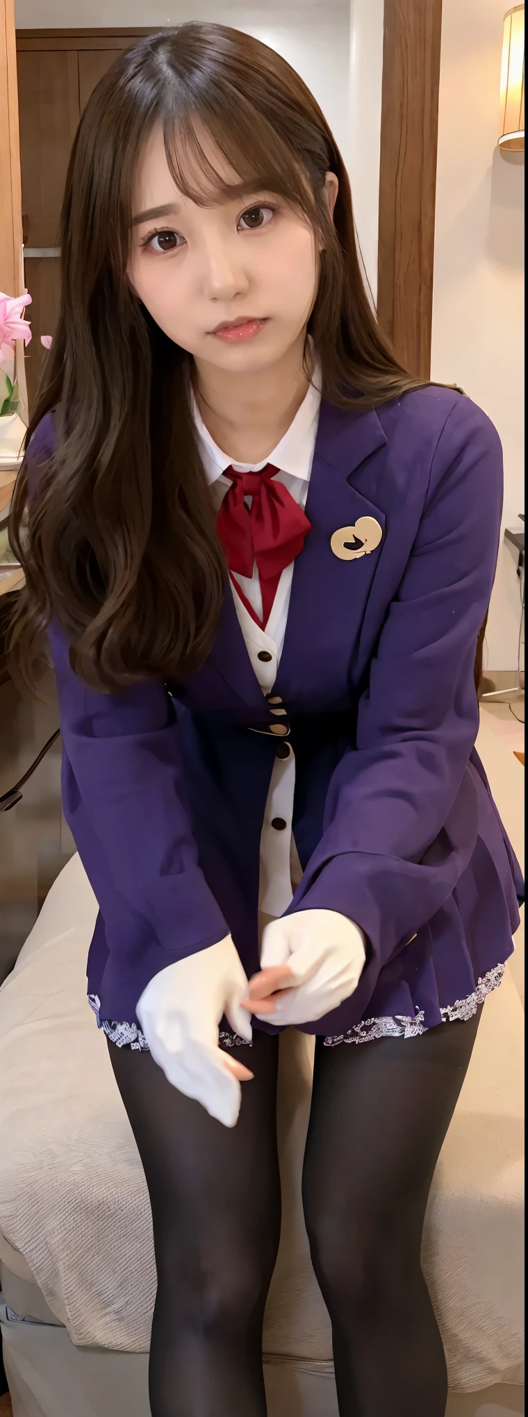 Japanese maid, Mature Woman, ((Slightly thicker, Round face, About 40)), Rimless round glasses, Wavy black hair with no bangs, Long Hair, Twin ponytail, Flashy makeup, Lips become thicker, Sexy Gaze, uniform, (Ultra-realistic pantyhose:1.3), ((dressing)), Looking into the camera, Low angle shooting, Cute duck mouth,((Extremely precise and accurate anatomy)), (masterpiece:1.43), Perfect balance, Realistic photos, Full Shot, whole body, (height: 148cm), High heels