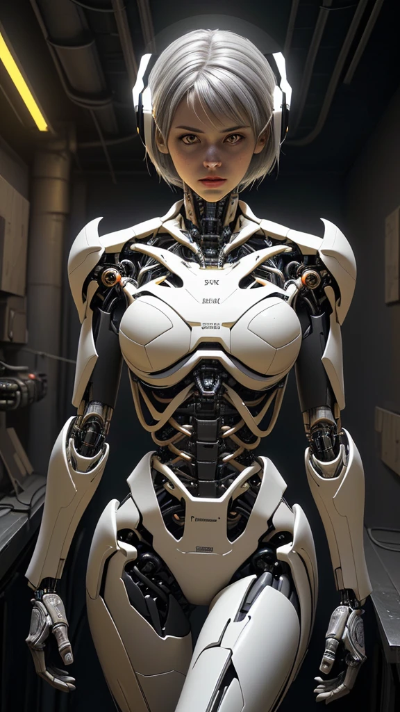 A beautiful silver-haired girl in a cybernetic robo armor, intricate exoskeleton, glowing neon circuits, highly detailed mechanical parts, stunning futuristic design, dynamic pose, dramatic lighting, cinematic atmosphere, muted color palette, (best quality,4k,8k,highres,masterpiece:1.2),ultra-detailed,(realistic,photorealistic,photo-realistic:1.37),cinematic,concept art