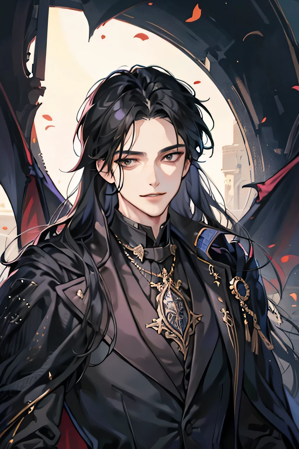 male, adult, black long hair, black eyes, adult face, adult, victorian suit,, chest armor, fantasy, vampire, smirk smiley, black wizard, big body, perfect, look at view