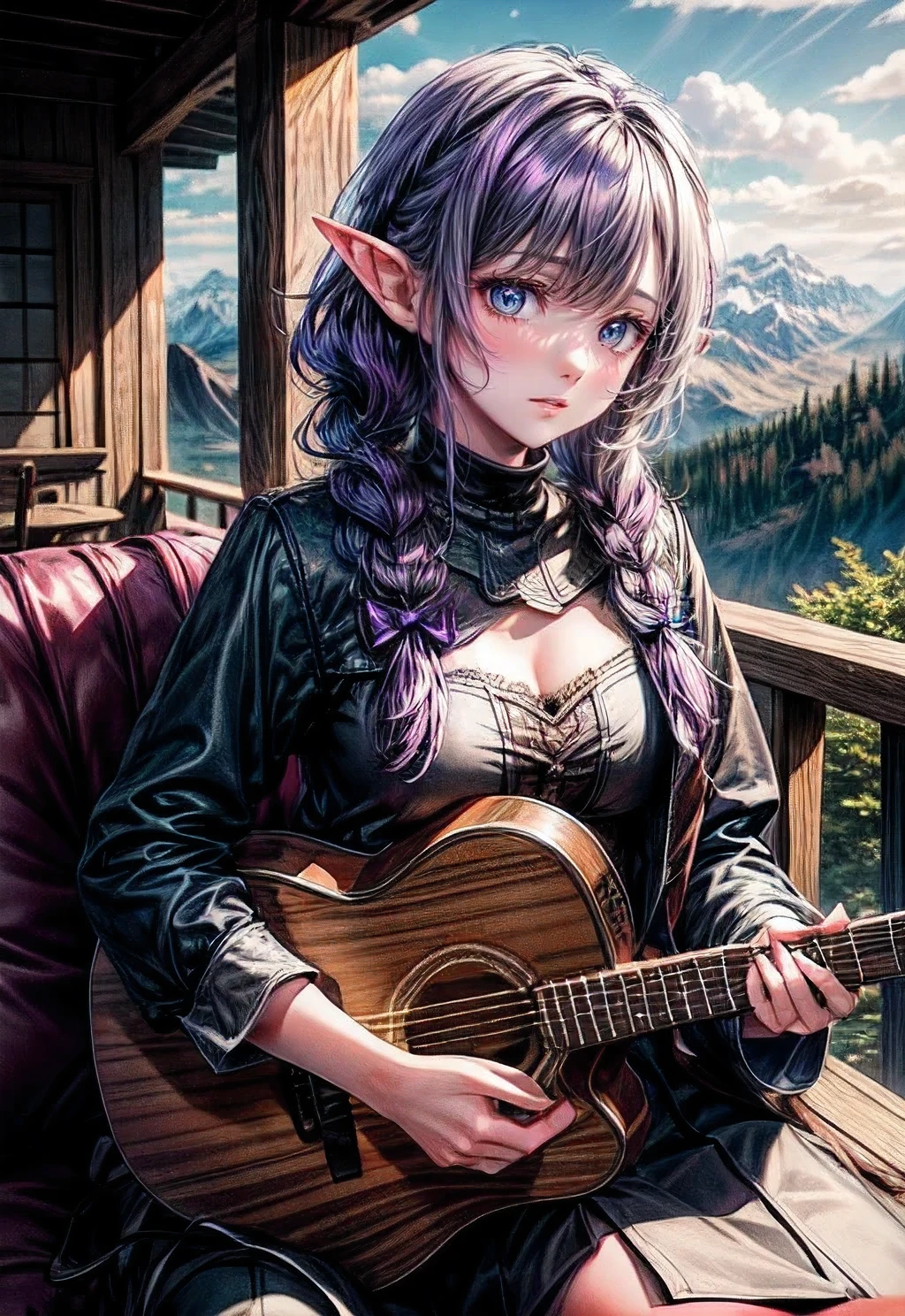 1 girl, (alone:1.3), ,((best quality)), ((masterpiece)), (detailed), perfect face, elf, young, Playing on (guitar), purple hair, setting on the mountain,braid, ,sexy ,hot, sexy pose, lovely