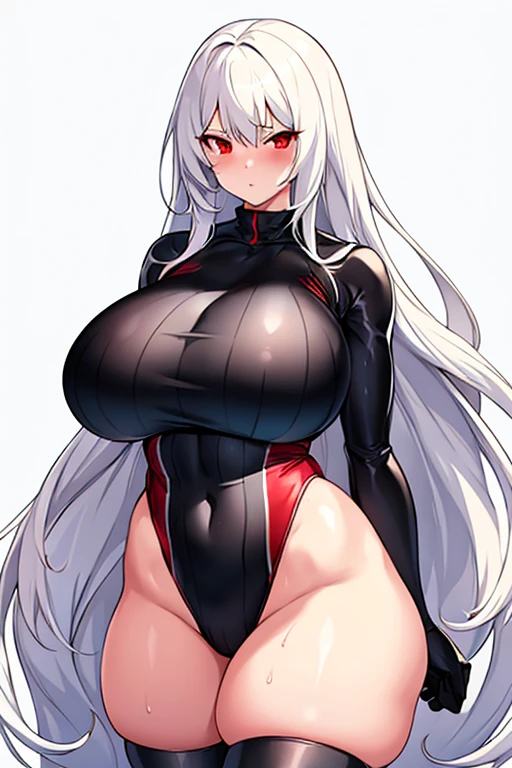 1girl, white hair, long hair, red eyes, serious, glowing eyes, large breasts, thick thighs, mature female, athletic female, toned, one-piece swimsuit, competition swimsuit, long sleeves, sleeves, gloves, black one-piece swimsuit, thighhighs, wet