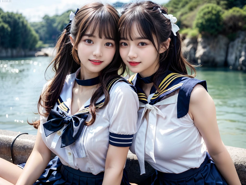 (((very heavy chest))),NSFW, 16k raw photos, highest quality, masterpiece, ultra high resolution, ((She is wearing Beautiful exposed redShe is wearing (a high school sailor uniform).
(navy sailor collar:1.4),(white shirt:1.4),(navy pleats skirt:1.4),(navy bow:1.4))).movie, ((2 girls, , 2 schoolgirls)),((attractive expression)),eyes shine、 looking at the viewer, natural skin texture very heavy chest))),((( metal black ribbon around the neck))).star handle mold、((yellow eyes)),Realistic eye and face details, lip whole, lipstick makeup), fluffy ponytail hair, laughter, Beautiful feet, tall woman, ((glowing skin)),((Beautiful armpit)), slim_feet, huge breasts, cleavage, beautiful natural places, beautiful flower garden、(detailed background,highly exposed, huge breasts, blurred background,, JK ribbon on the neck, jk ribbon, golden hair, bracelet, water, bangs, split your lips、armpit、beautiful hip line、glowing skin、(((eyes shine brightly))),lotion skin、High leg、((black hair)),highly exposed、Skimpy pink luxury fur coat、beautiful sea background、wind effect、