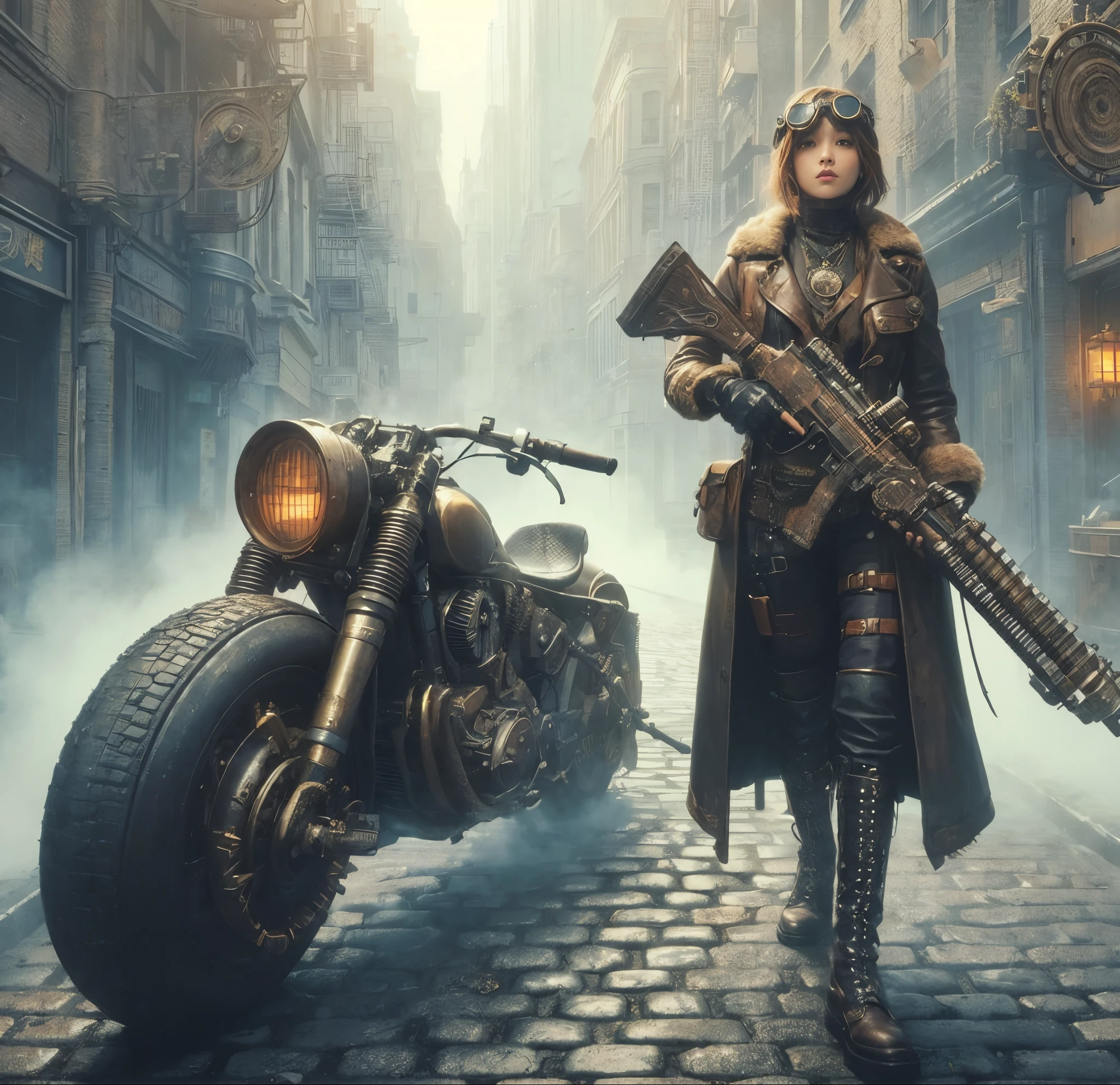 8k,Realistic Skin Texture、Superrealism、Realistic Photo、Japanese women、steampunk、Leather coat、Next to a custom-built bike、Carrying a huge rifle、Light cloudiness、Dirty city、Steam rising from buildings here and there、Goggles above your head、Streets with buildings decorated with intricate patterns and geared devices、Studded boots、Cobblestones、