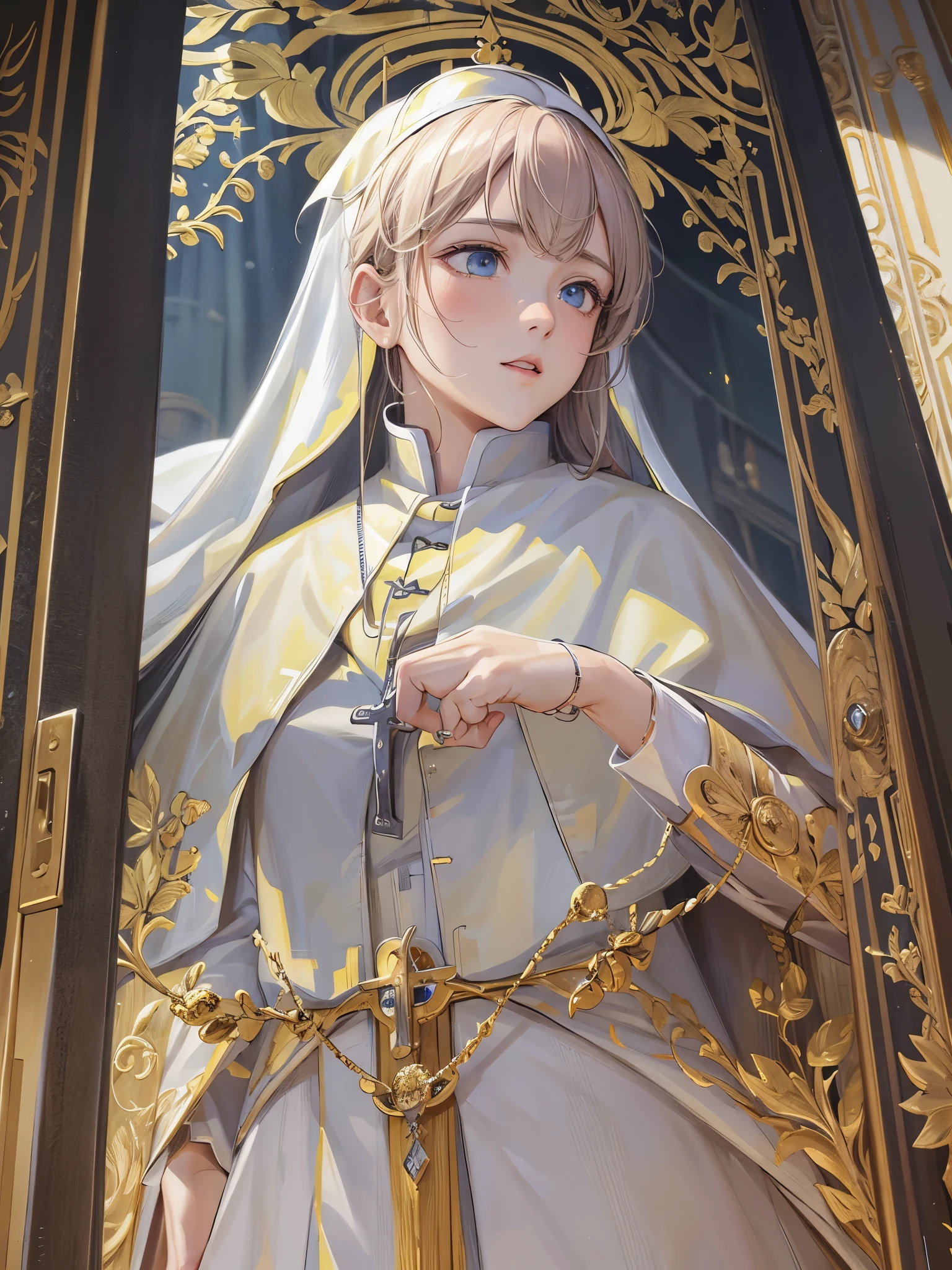 ((highest quality)),(Ultra-high resolution),(Very detailed),(Detailed Description),((The best CG)),(A masterpiece),Ultra-detailed art,Amazing drawing art,(Art with precise details:1.5), (Female Pope:1.6),(A gorgeous white vestment with intricate gold embroidery), Eternal White,pure ,Offer a prayer,Rosary, Stained Glass Celebrating God:1.3, Dignity