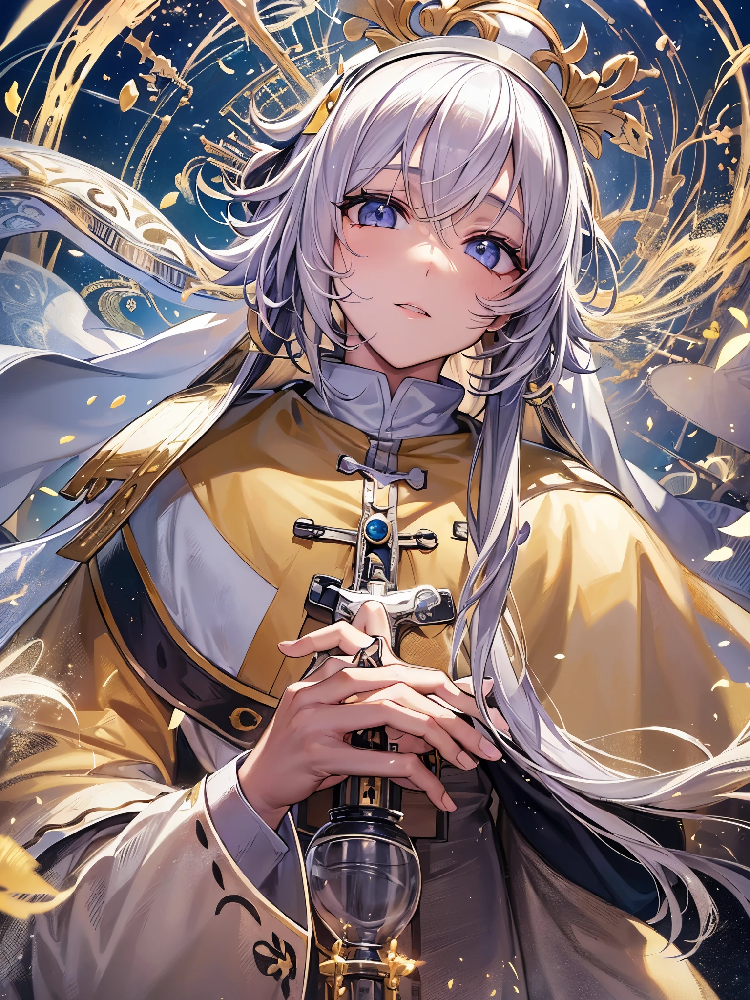 ((highest quality)),(Ultra-high resolution),(Very detailed),(Detailed Description),((The best CG)),(A masterpiece),Ultra-detailed art,Amazing drawing art,(Art with precise details:1.5), (Female Pope:1.6),(A gorgeous white vestment with intricate gold embroidery), Eternal White,pure ,Offer a prayer,Rosary, Stained Glass Celebrating God:1.3, Dignity