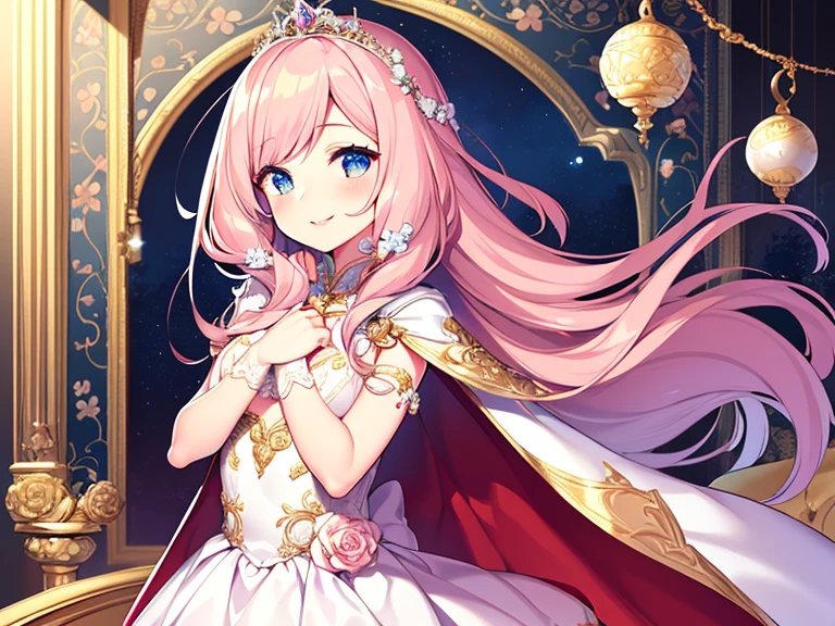 (kawaii),(best quality),(ultra detailed),(rococo style),(long train pastel pink cape:1.15), very long cape,(long train white ball gown with flower decorations:1.1), a girl is wearing a cape over her gown, 1 little princess, tiara, smile, very long hair, small breasts, beautiful detailed eyes, beautiful detailed lips, looking at viewer