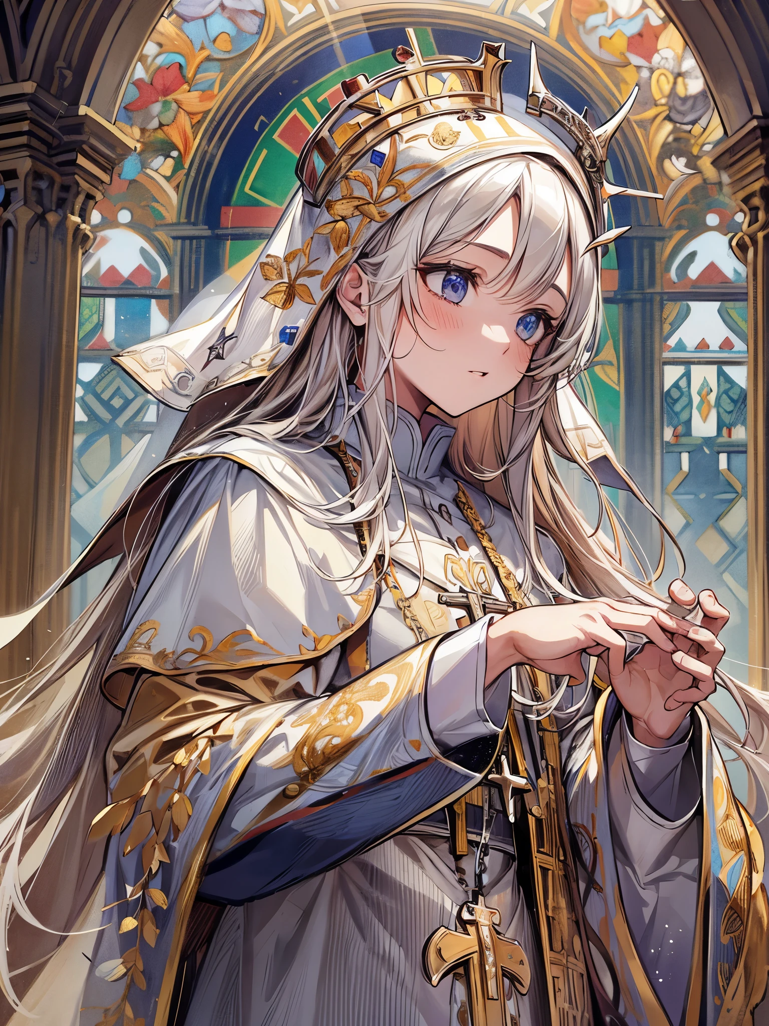 ((highest quality)),(Ultra-high resolution),(Very detailed),(Detailed Description),((The best CG)),(A masterpiece),Ultra-detailed art,Amazing drawing art,(Art with precise details:1.5), (Female Pope:1.6),(A gorgeous white vestment with intricate gold embroidery), Eternal White,pure ,Offer a prayer,Rosary, Stained Glass Celebrating God:1.3, Dignity