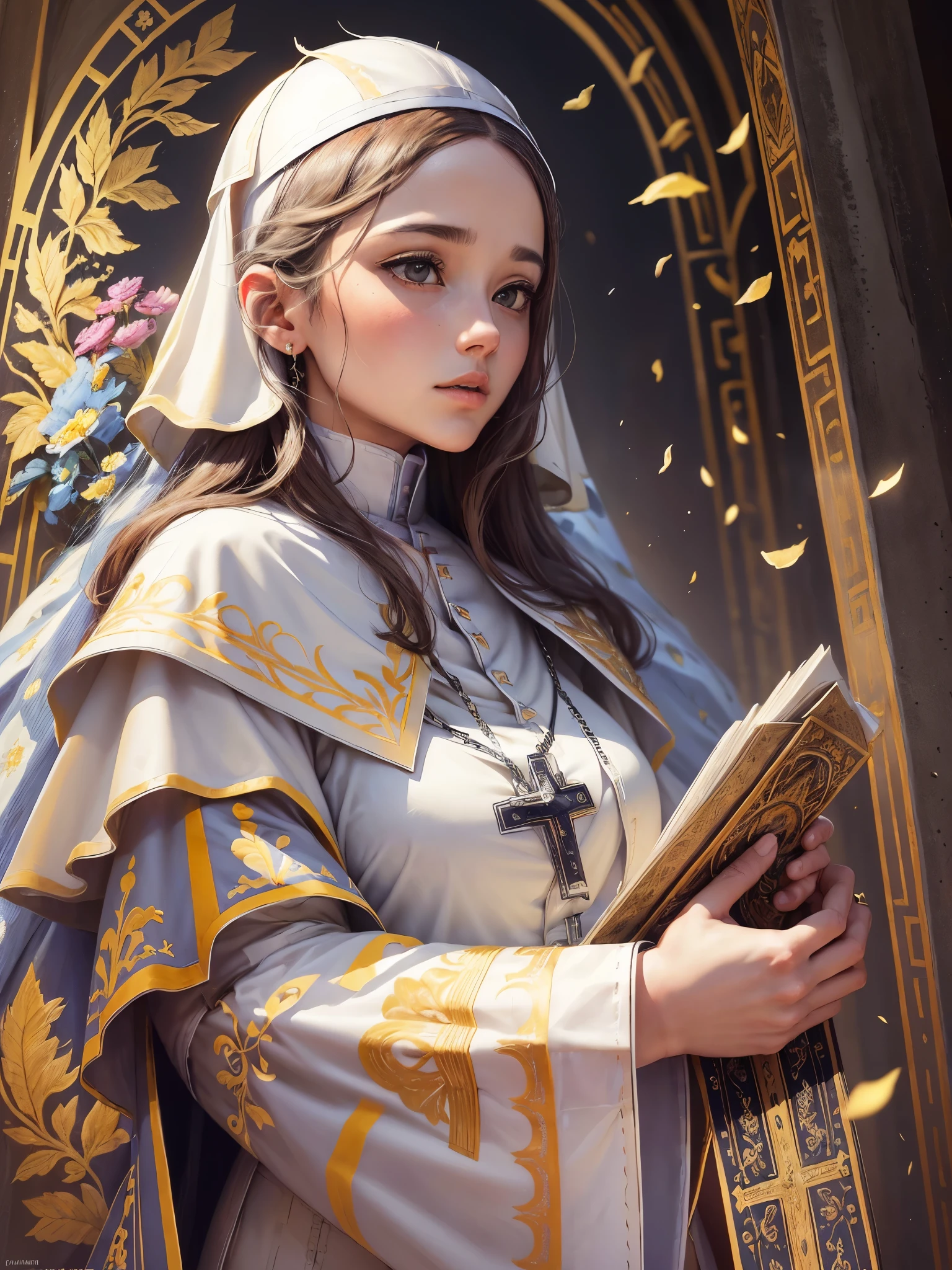((highest quality)),(Ultra-high resolution),(Very detailed),(Detailed Description),((The best CG)),(A masterpiece),Ultra-detailed art,Amazing drawing art,(Art with precise details:1.5), (Female Pope:1.6),(A gorgeous white vestment with intricate gold embroidery), Eternal White,pure ,Offer a prayer,Rosary, Stained Glass Celebrating God:1.3, Dignity