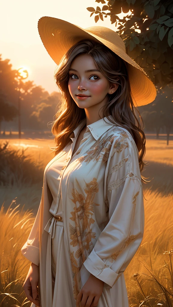 a young girl wearing a large sun hat, slight smile on her face, dressed in summer clothes, standing outdoors in a sunny afternoon landscape during sunset, detailed facial features, photorealistic, 8k, high quality, intricate details, cinematic lighting, warm color tones