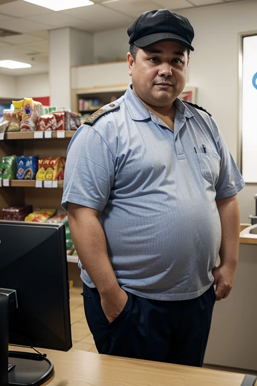 A chubby middle-aged man working at a convenience store in uniform