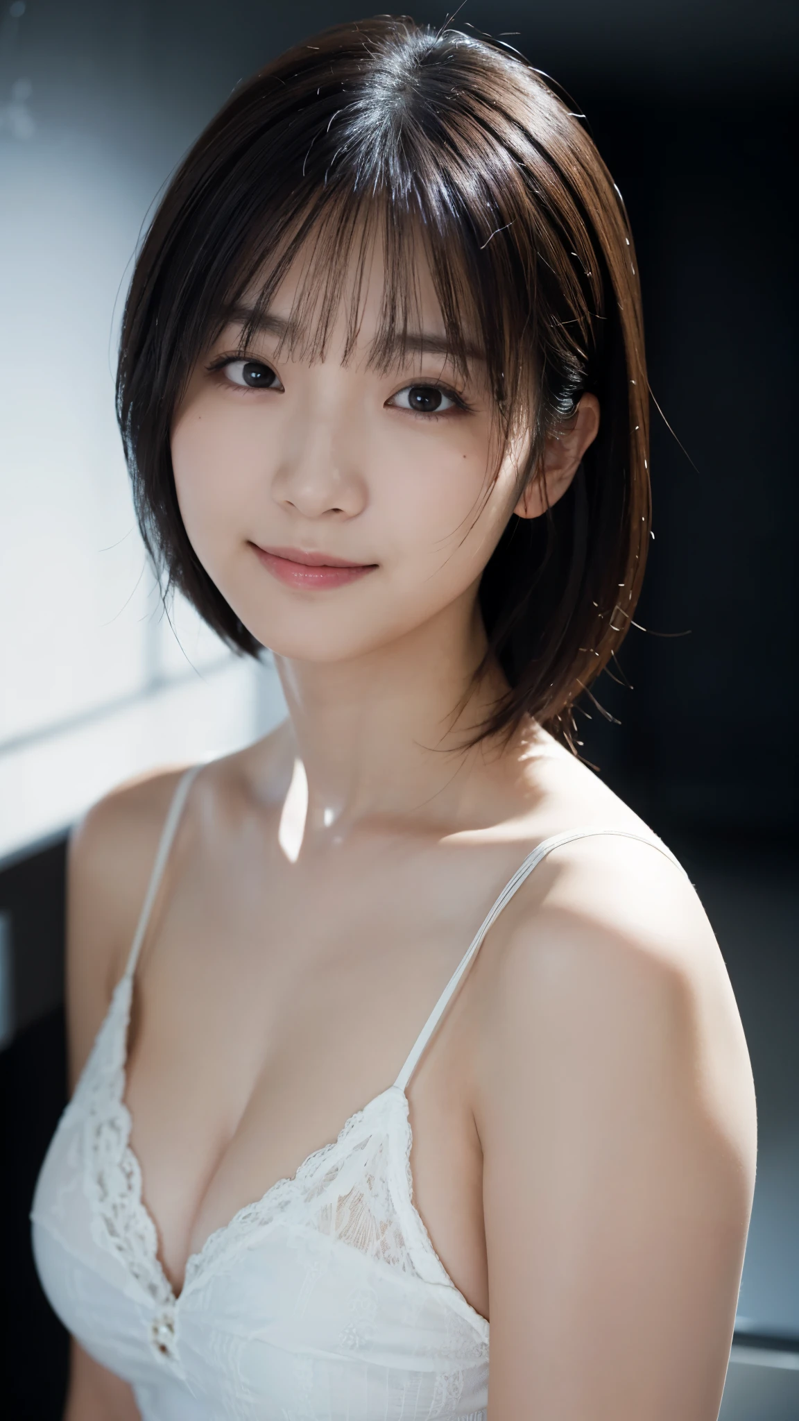 (highest quality,masterpiece:1.3,Ultra-high resolution),(Super detailed,Caustics,8k), (Photorealistic:1.4, RAW shooting),darkness,Dark studio,Japanese,20-year-old,smile,Natural Makeup,Black Hair Middle Hair,White shirt,Big Breasts,Spotlight,Waist up shot,Low position,Low - Angle