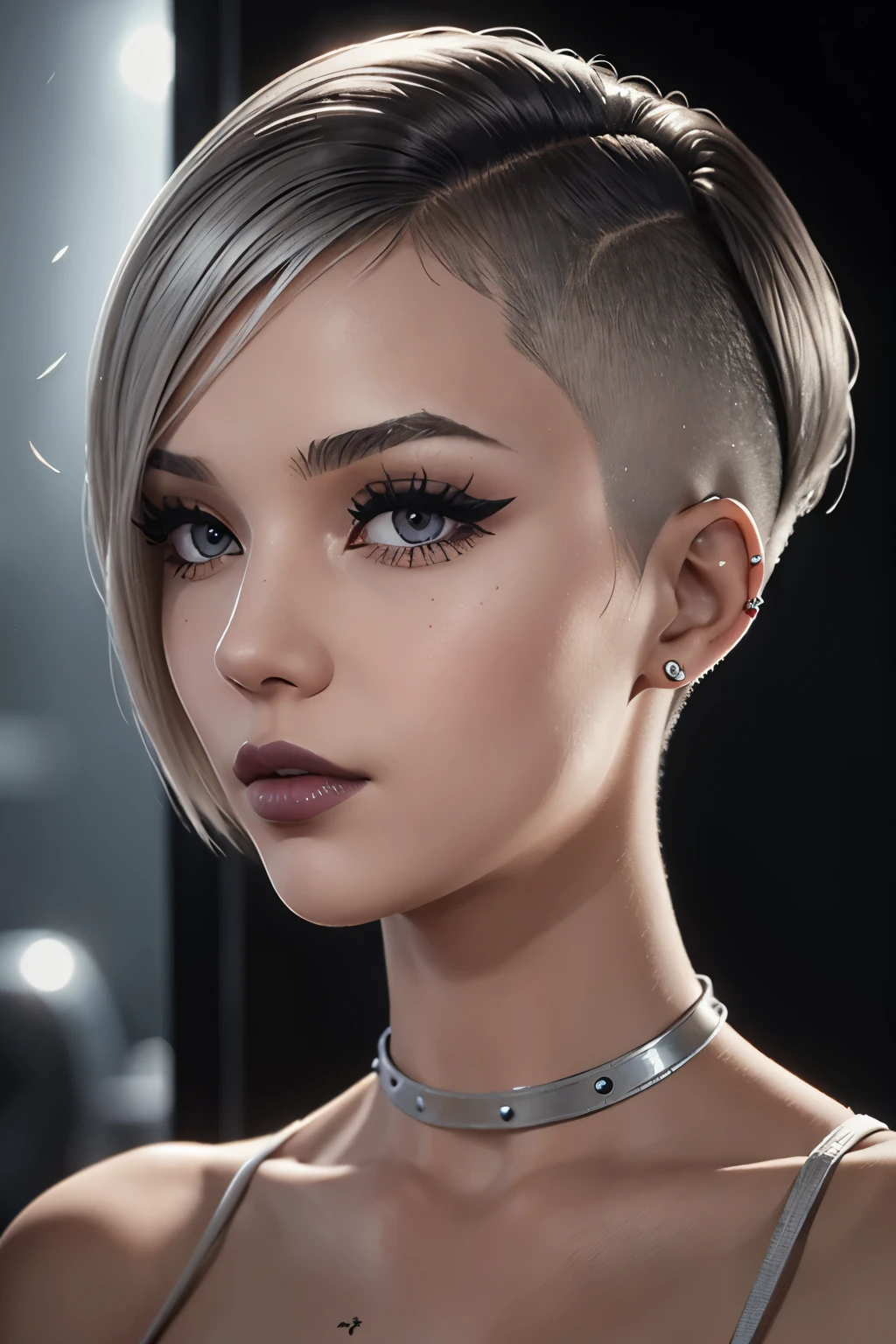 A topless woman, side shaved undercut bob, straight bob haircut, shoulder-length hair, side parting, asymmetrical, shaved one side, black hair, tanned, silver lipstick, dramatic makeup 