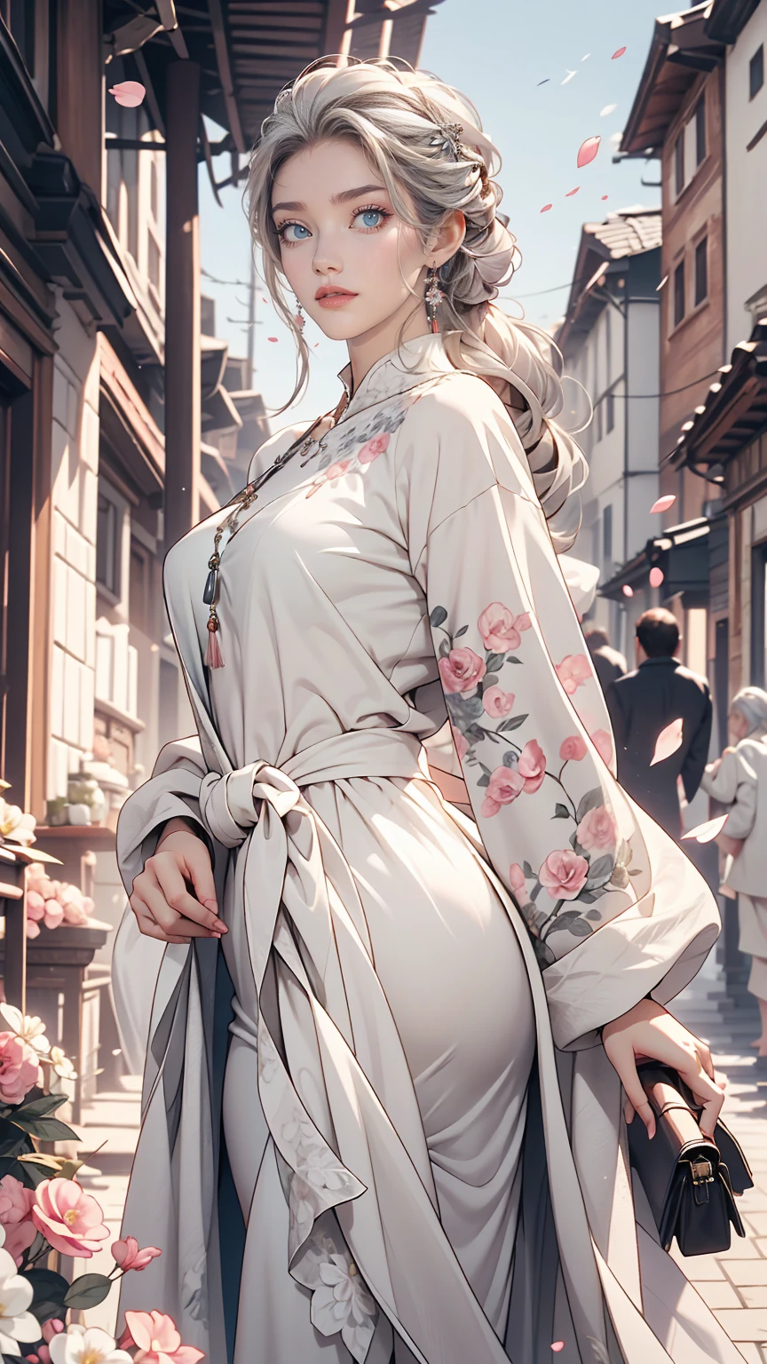 masterpiece, Great work, Daytime, Outdoor, Falling Flowers, White Dress, 1 girl, Perfect Woman, Woman with long silver and white hair, Gray Blue Eyes, Pale pink lips, cold, Severe, Van, Purple eyes, White clothes, Black Apparel Line, Delicate face, Graceful Face, Standing Bow, Tassel, The knot of happiness, smile