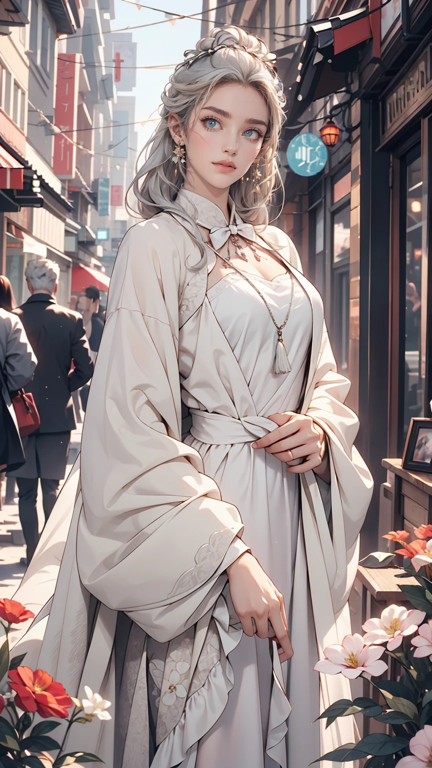 masterpiece, Great work, Daytime, Outdoor, Falling Flowers, White Dress, 1 girl, Perfect Woman, Woman with long silver and white hair, Gray Blue Eyes, Pale pink lips, cold, Severe, Van, Purple eyes, White clothes, Black Apparel Line, Delicate face, Graceful Face, Standing Bow, Tassel, The knot of happiness, smile