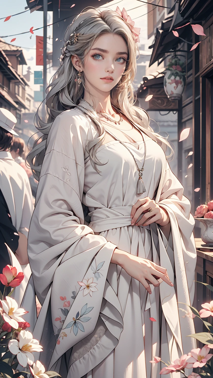 masterpiece, Great work, Daytime, Outdoor, Falling Flowers, White Dress, 1 girl, Perfect Woman, Woman with long silver and white hair, Gray Blue Eyes, Pale pink lips, cold, Severe, Van, Purple eyes, White clothes, Black Apparel Line, Delicate face, Graceful Face, Standing Bow, Tassel, The knot of happiness, smile