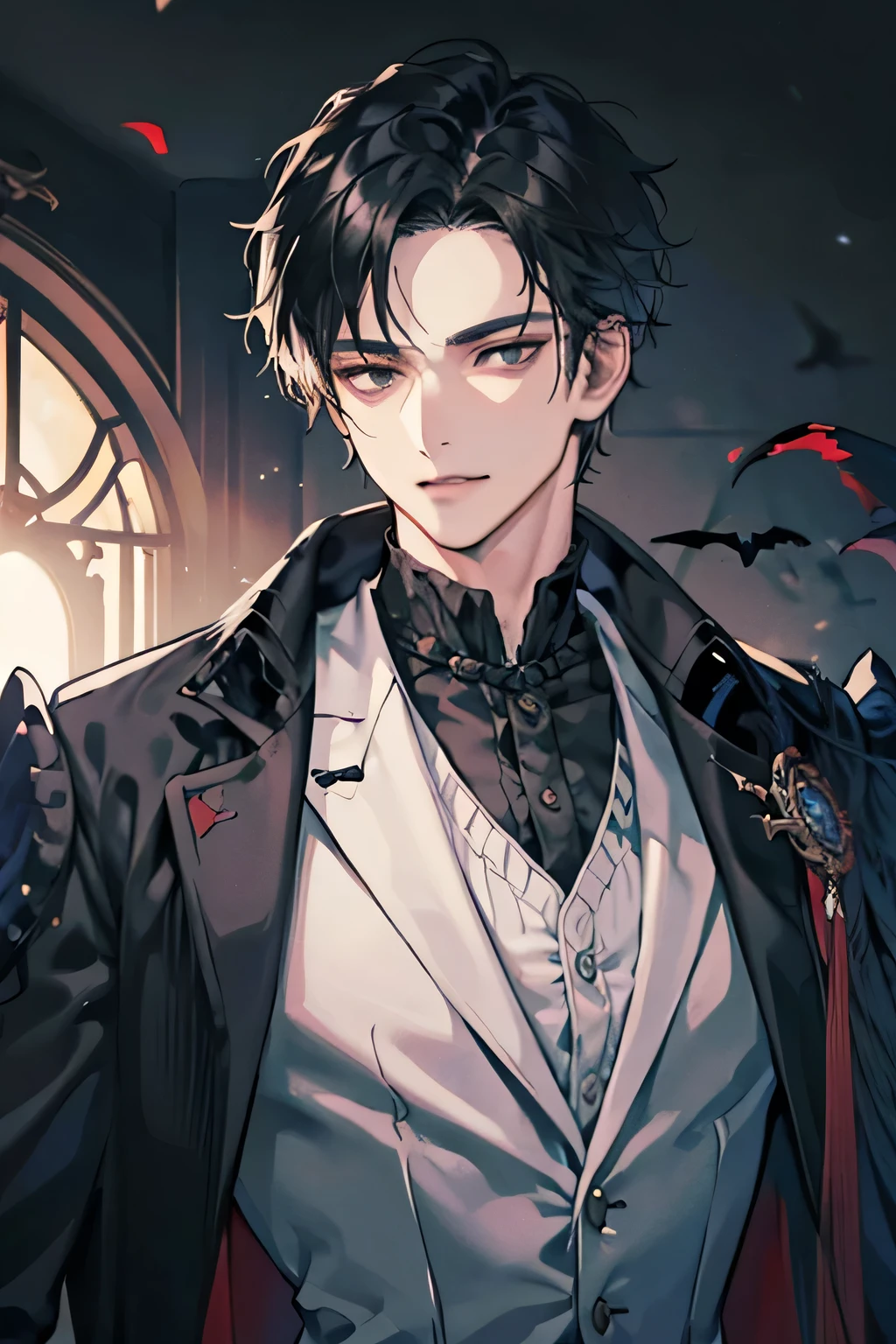 male, adult, medium black messy hair, black eyes, adult face, adult, victorian suit,, chest armor, fantasy, vampire, smirk, black wizard, big body, perfect body, look at camera
