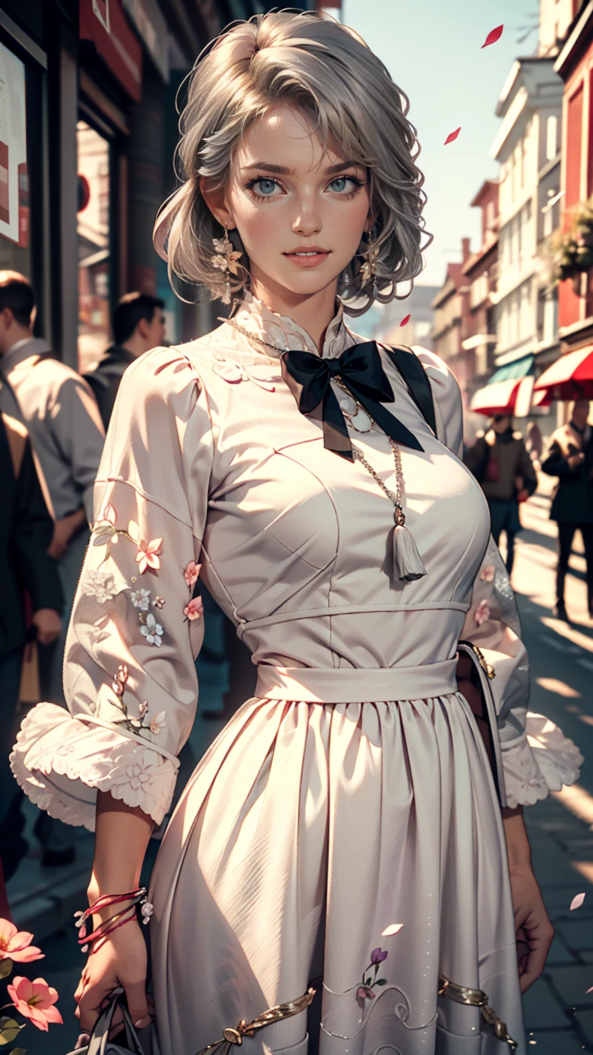 masterpiece, Great work, Daytime, Outdoor, Falling Flowers, White Dress, 1 girl, Perfect Woman, Woman with long silver and white hair, Gray Blue Eyes, Pale pink lips, cold, Severe, Van, Purple eyes, White clothes, Black Apparel Line, Delicate face, Graceful Face, Standing Bow, Tassel, The knot of happiness, smile