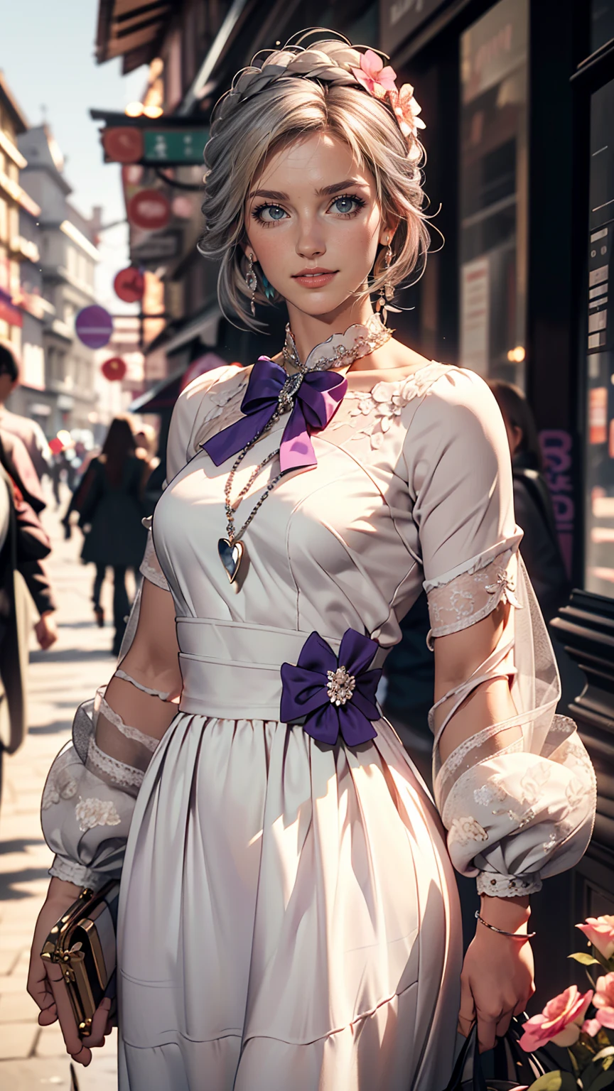 masterpiece, Great work, Daytime, Outdoor, Falling Flowers, White Dress, 1 girl, Perfect Woman, Woman with long silver and white hair, Gray Blue Eyes, Pale pink lips, cold, Severe, Van, Purple eyes, White clothes, Black Apparel Line, Delicate face, Graceful Face, Standing Bow, Tassel, The knot of happiness, smile