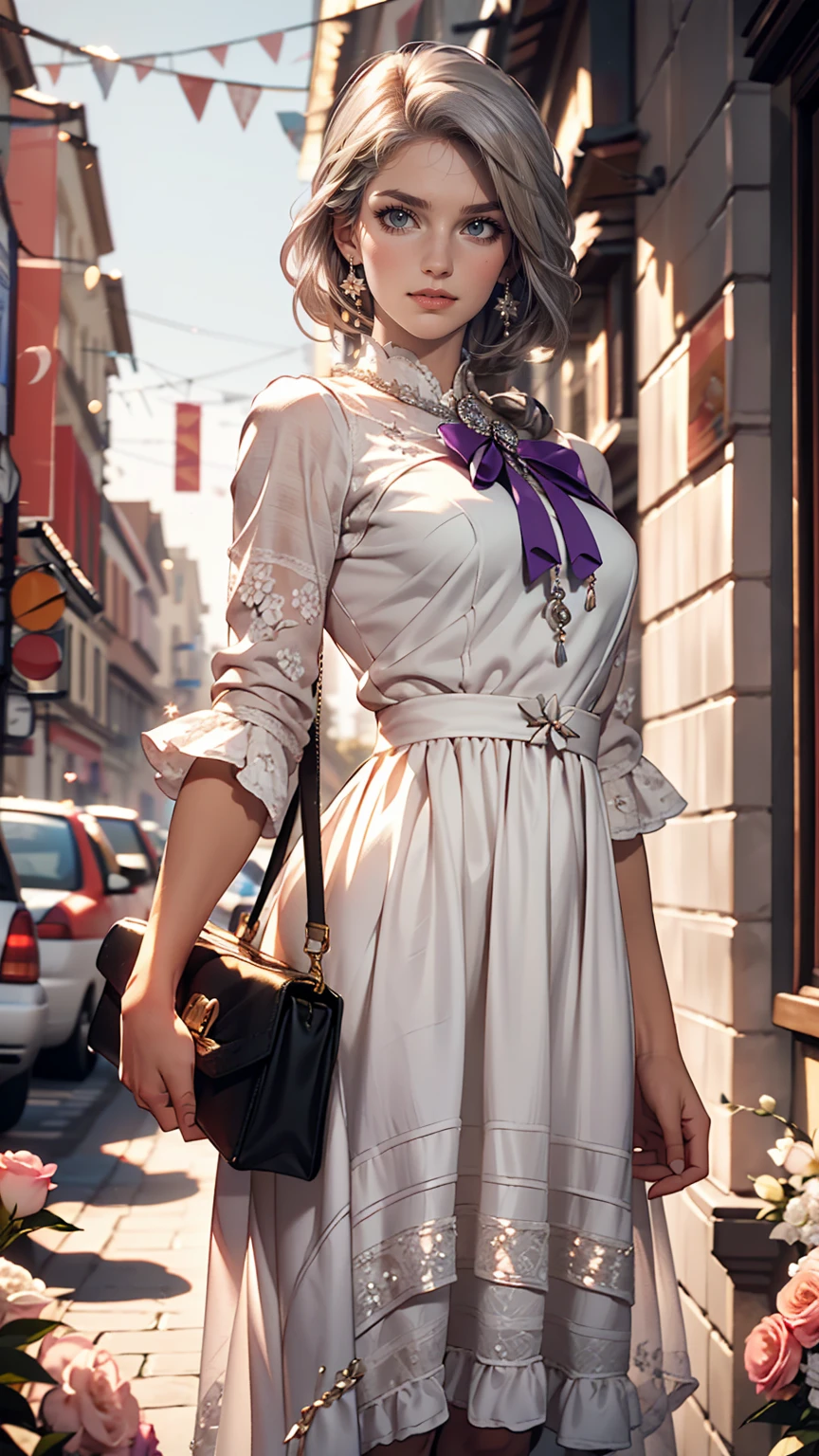 masterpiece, Great work, Daytime, Outdoor, Falling Flowers, White Dress, 1 girl, Perfect Woman, Woman with long silver and white hair, Gray Blue Eyes, Pale pink lips, cold, Severe, Van, Purple eyes, White clothes, Black Apparel Line, Delicate face, Graceful Face, Standing Bow, Tassel, The knot of happiness, smile
