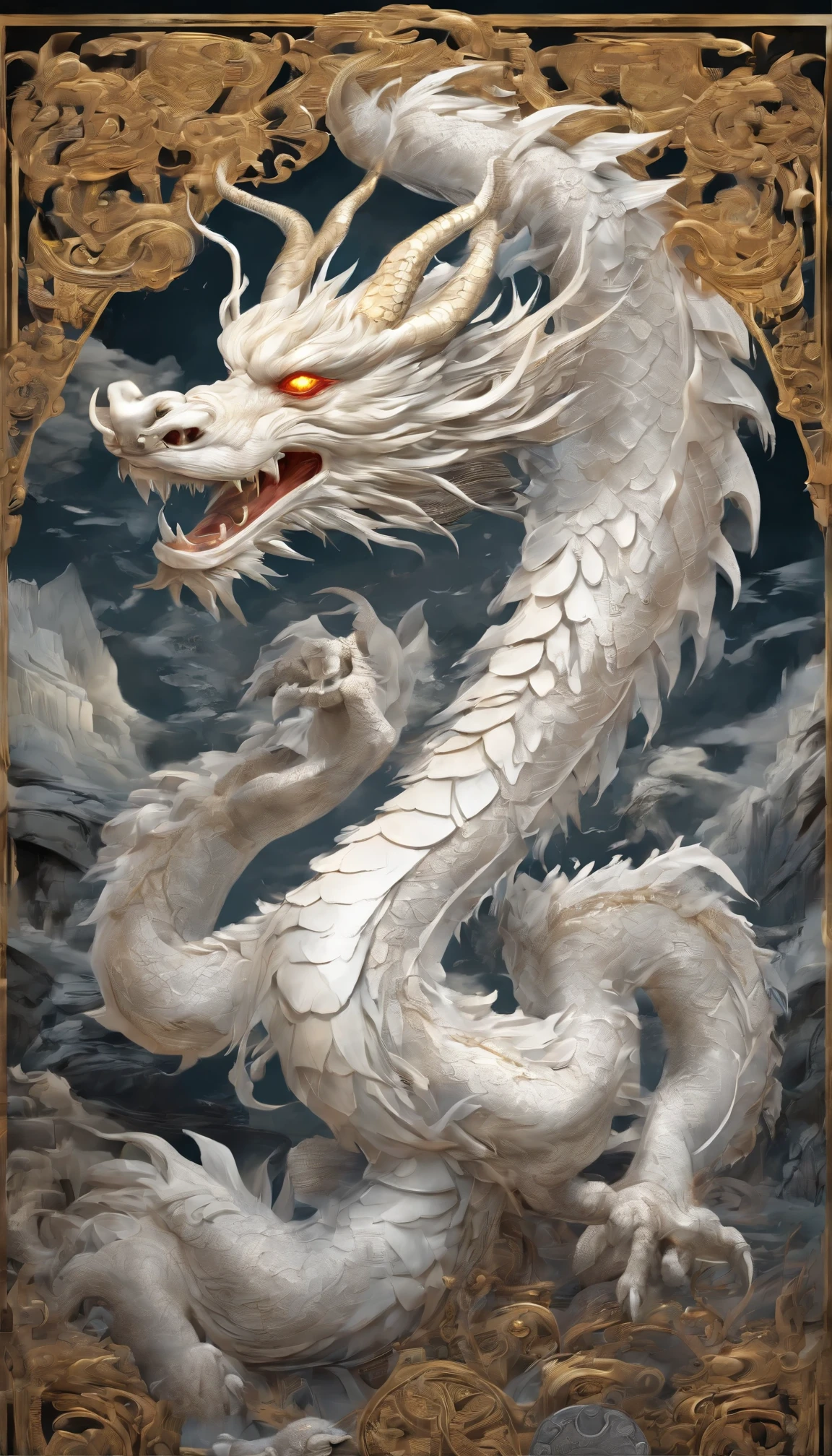 a highly detailed 3D rendering of a magnificent white Chinese dragon, dynamic expression, vivid effects and details, best quality, high resolution, vibrant colors, many coins, treasures