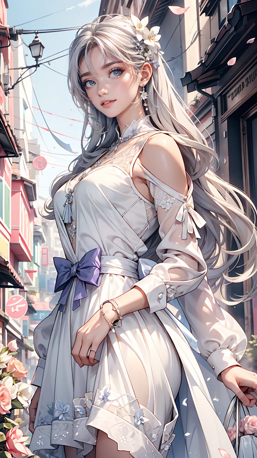 masterpiece, Great work, Daytime, Outdoor, Falling Flowers, White Dress, 1 girl, Perfect Woman, Woman with long silver and white hair, Gray Blue Eyes, Pale pink lips, cold, Severe, Van, Purple eyes, White clothes, Black Apparel Line, Delicate face, Graceful Face, Standing Bow, Tassel, The knot of happiness, smile