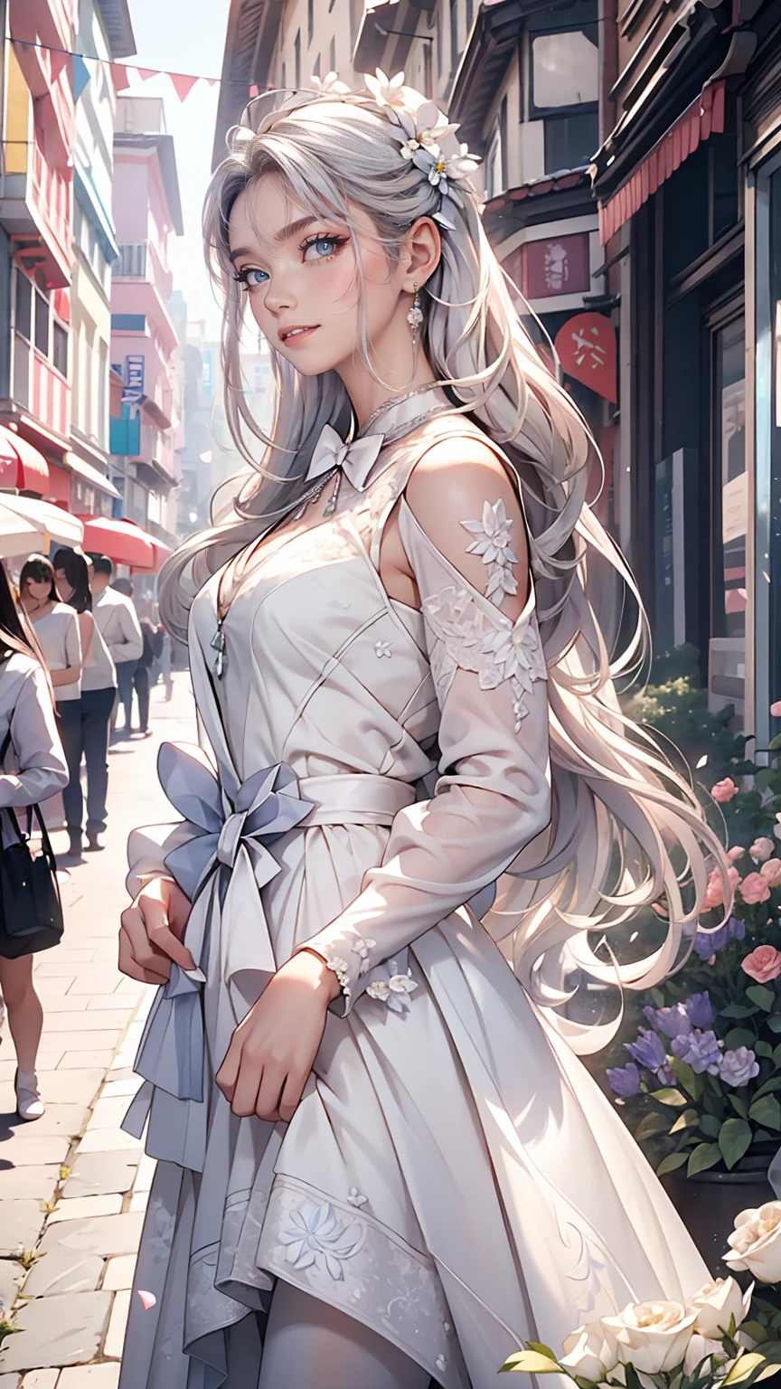 masterpiece, Great work, Daytime, Outdoor, Falling Flowers, White Dress, 1 girl, Perfect Woman, Woman with long silver and white hair, Gray Blue Eyes, Pale pink lips, cold, Severe, Van, Purple eyes, White clothes, Black Apparel Line, Delicate face, Graceful Face, Standing Bow, Tassel, The knot of happiness, smile