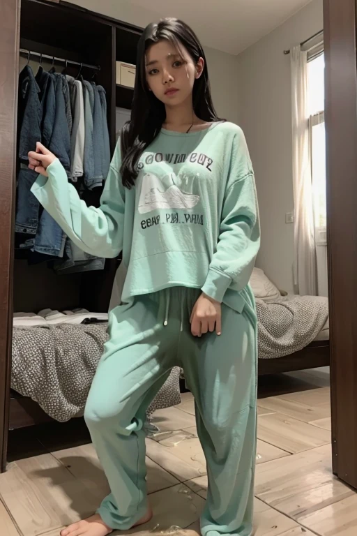 Malay Girl sees the ghost and pees her pajama until his pants are wet pants in fright.