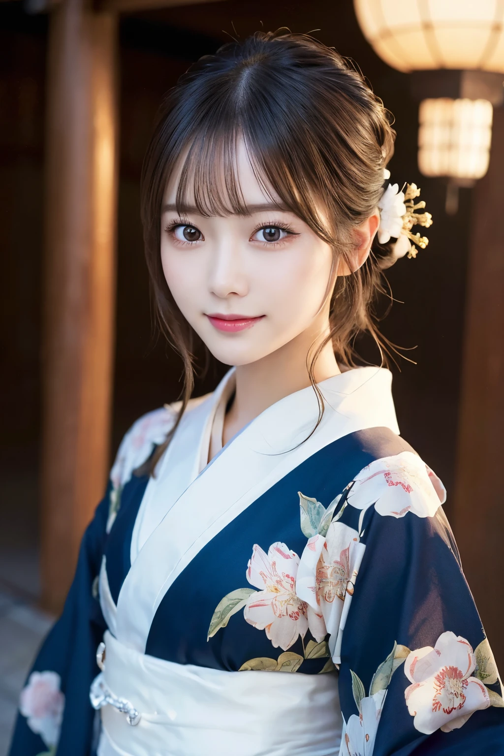 (kimono)、masterpiece、beautiful girl、Beautiful detailed eyes、highest quality, 超A high resolution, (reality: 1.2), Cinema Lighting、(Japanese Girls)、so beautiful、Beautiful Skin、(Looking at the audience)、(Surreal)、(High resolution)、(8k)、(Very detailed)、(Beautiful fine details)、(Very detailed)、 (wallpaper)、Detailed face、Bright lighting、Professional Lighting、Smile