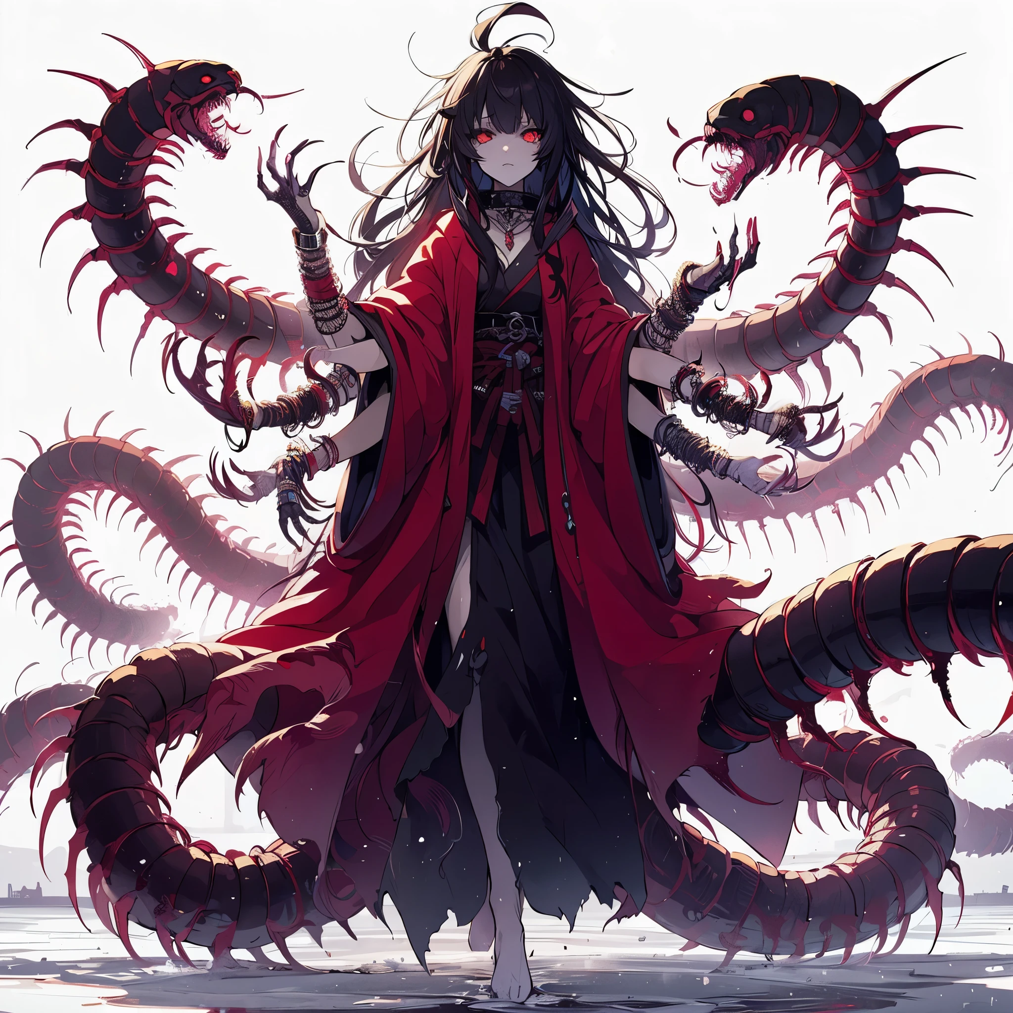 (Masterpiece, best quality), (detailed hair), ultra-detailed, anime style, solo, full body, Cyberpunk conjurer girl, black hair, red eyes, pointed teeth, multi-armed with bracelets, clad in red robes. huge many Branched centipede tail, white background, whole body. standing on wasteland
