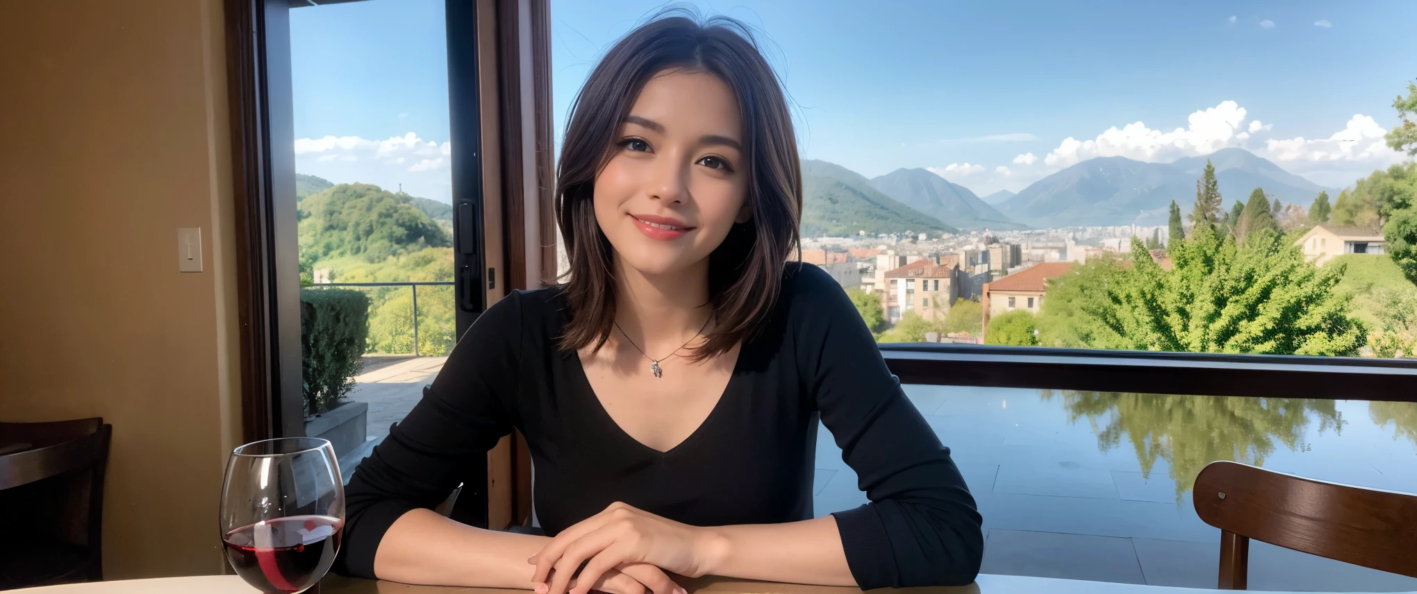 ((highest quality、8k、masterpiece:1.3))、1 male、1 female、Couple、spouse、Couple、Slim body、((Bob Hale、Straight hair:1.2)), (Realistic, Intricate details:1.2), Wine glass on the table、Shine light on your face、 Amazing view of the sunset sky and clouds、Amazing mountain views、A bright smile、The wonderfulness of smile、Bright image、The beauty of wine, Beautiful Face, blue eyes, The light shines on your face, Blushing, short hair,Bright Face、 (Age 37), 39 years old, red wine 、Appetizers、Italian food、Wine bottle、Champagne、sparkling wine、Two beauties、Brown Hair、Shortcuts、Long sleeve shirt、dress、Pretty Woman 1, (Slim face), (The body is slim), (Brown Hair), (Shortcuts), cheeks turn a little red,Attractive beauty、restaurant, In a prominent place (From the waist up) Nova Frog Style, actress, model, Upper Body, White wine, slim, wine glass, Wine glass placed in the center, smile, (smile: 1.15), Beautiful fine grain, Depth f/2,saturation, High Contrast, Strong light and shadow,Moist Body:1.5、3D texture、Delicate eyes、Brown Hair、The hair is very shiny、