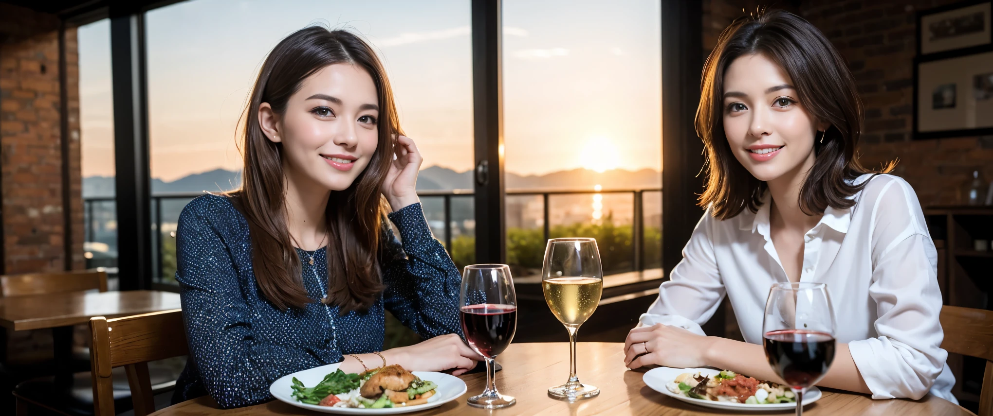 ((highest quality、8k、masterpiece:1.3))、1 male、1 female、Couple、spouse、Couple、Slim body、((Bob Hale、Straight hair:1.2)), (Realistic, Intricate details:1.2), Wine glass on the table、Shine light on your face、 Amazing view of the sunset sky and clouds、Amazing mountain views、A bright smile、The wonderfulness of smile、Bright image、The beauty of wine, Beautiful Face, blue eyes, The light shines on your face, Blushing, short hair,Bright Face、 (Age 37), 39 years old, red wine 、Appetizers、Italian food、Wine bottle、Champagne、sparkling wine、Two beauties、Brown Hair、Shortcuts、Long sleeve shirt、dress、Pretty Woman 1, (Slim face), (The body is slim), (Brown Hair), (Shortcuts), cheeks turn a little red,Attractive beauty、restaurant, In a prominent place (From the waist up) Nova Frog Style, actress, model, Upper Body, White wine, slim, wine glass, Wine glass placed in the center, smile, (smile: 1.15), Beautiful fine grain, Depth f/2,saturation, High Contrast, Strong light and shadow,Moist Body:1.5、3D texture、Delicate eyes、Brown Hair、The hair is very shiny、