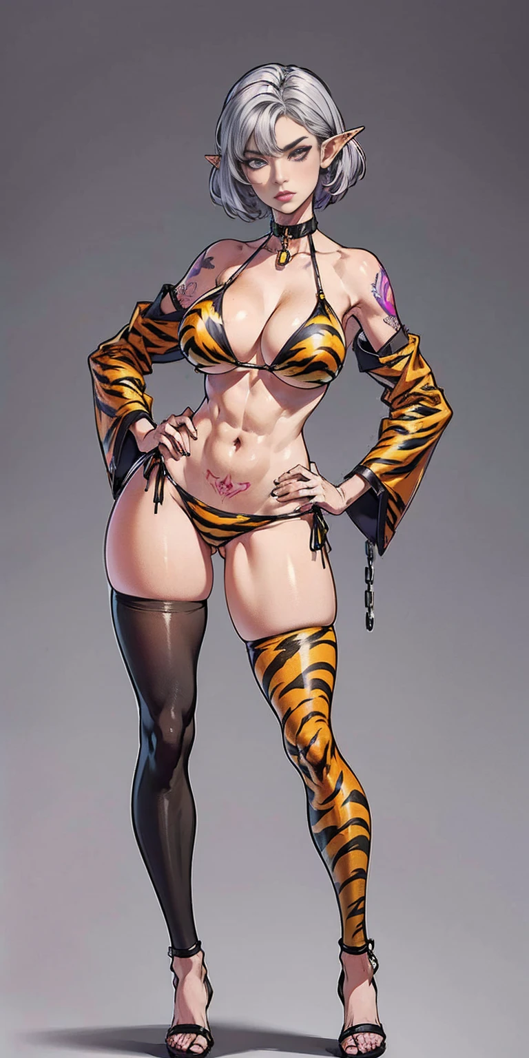 (Masterpiece, grey background:1.2) full body standing straight symmetrical looking to the viewer, view from below, far shot, cow boy shot, purple skin, elf 1girl, mature, purple eyes, pinched eyes, short silver white hair cut (yellow tiger bikini print long sleeves and long stockings) abs, navel, big knockers, tatter rags, leather choker,chain collar, stomach tattoo (red tattoo), hands on hips, wide hips, thick thighs, metal sandals,