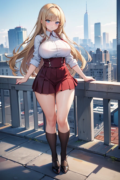 (((Best Quality))), (((Perfectly Anatomy))), (((Accurate Proportions))), ((Perfect Anatomical Accuracy)), ((Perfectly Detailed)), ((Beautiful Rendering)), (((1girl))), (((Perfectly Drawn Hands))),   A Cute Young Girl, (17 years-old), with (Beautiful, Lush, Long DarkBlonde Hair), (Beautiful Expressive Blue Eyes), Very Big Breasts, Very wide hips, and a Beautifully Curvy Figure. At the city park, with a beautiful cityscape in the background. She is wearing a (Cute Red Dress), and a ((Black Pleated Skirt)).