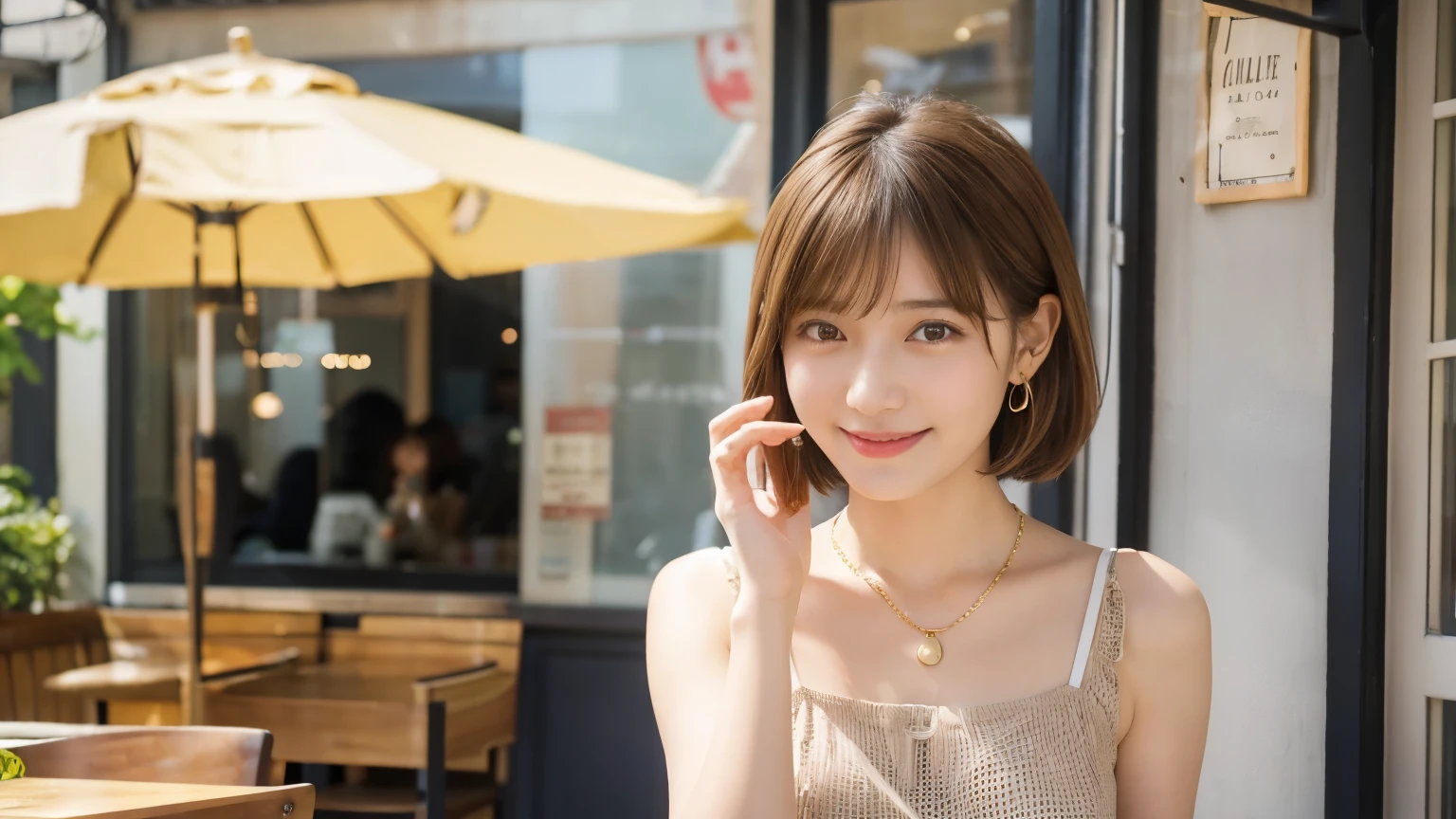 super high quality, short hair, thin, Photography Sculpture, The staff is working at the counter in the back..., (8k、RAW Photos、highest quality、masterpiece:1.2), Japanese Idols, Shaggy, Sportswear, Stylish cafe, People having fun at cafe々々Bustling., (Realistic、Realistic:1.37), Mesh Hair, Urban Cafe, Golden Ratio, RAW Photos, Cute Face , Light brown hair, Earrings, Small breasts, Bright cafe interior, Spring Clothes, necklace, Spoiled, Cafe Terrace, Open Cafe, Open Cafeの前に高級車, smile, Hair blowing in the wind, Dress appropriately, 18-year-old, younger sister,