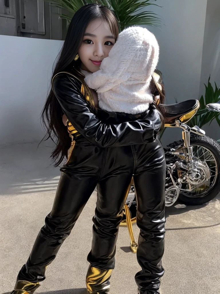 motorcycle,Leather jumpsuit,Body-hugging rider suit,Full body photo
