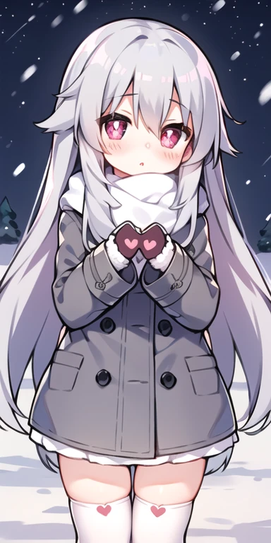 , Long Hair, cute, Heart-shaped pupils, alone, Gray Hair, blush, winter, snow, Outdoor, White Stockings, Are standing