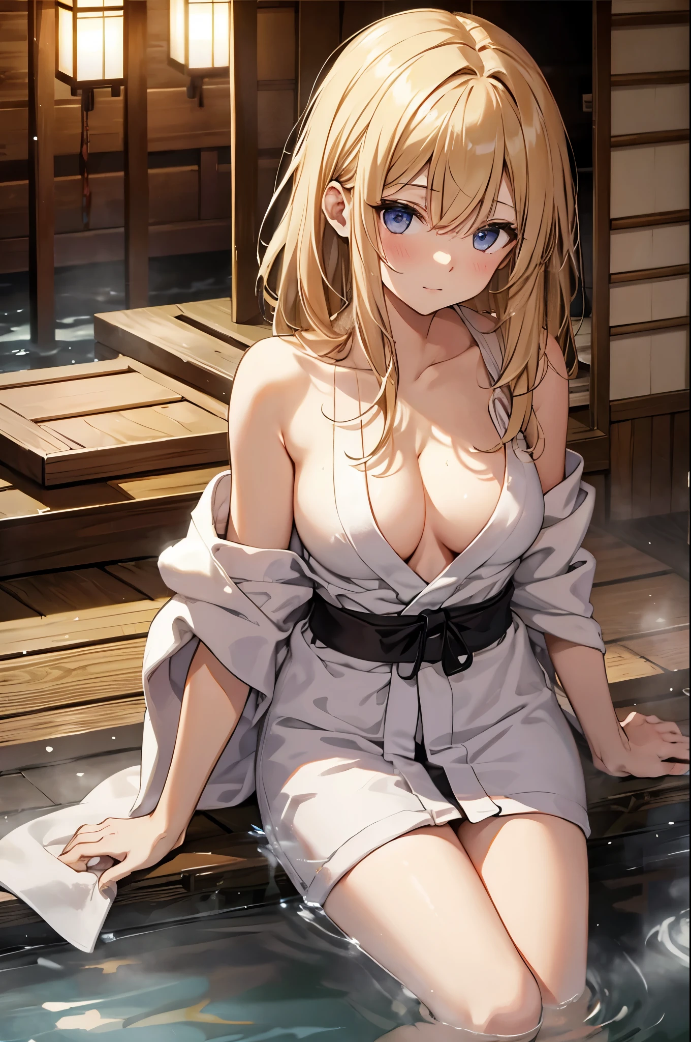 whole body, (1 Female), Fascinating face, Blonde, Medium Hair, Messy Hair, (Naked Towel:1.2), (Japanese hot springs, spa:1.3), (highest quality, masterpiece:1.1),