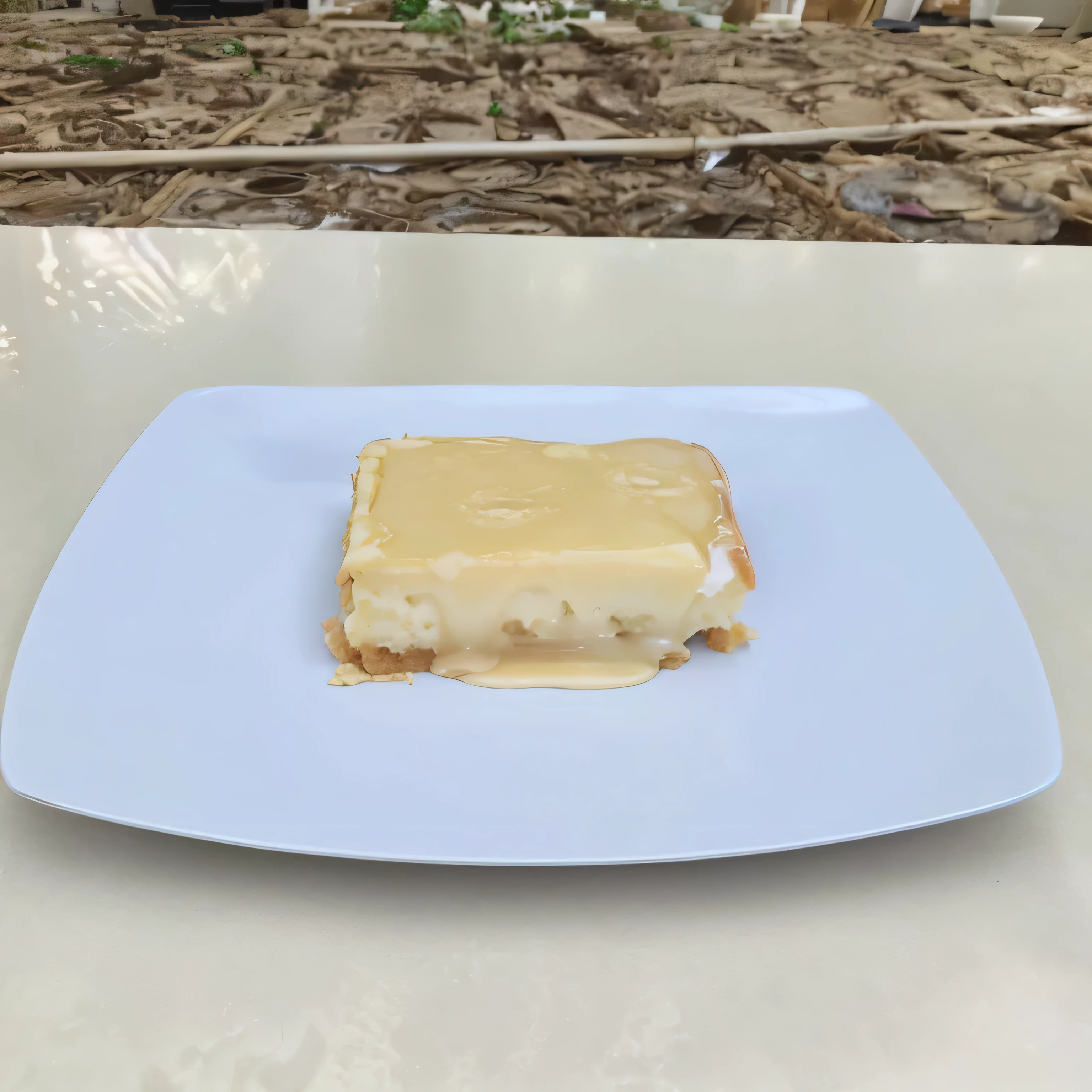 there is a piece of cake on a plate on a table, recipe, hasselblatt, served on a plate, caramel, pastelle, melted cheese, very coherent image, full subject shown in photo, flan, taken in the early 2020s, front side full, taken with sony alpha 9, made of glazed, dessert, marshmallow graham cracker