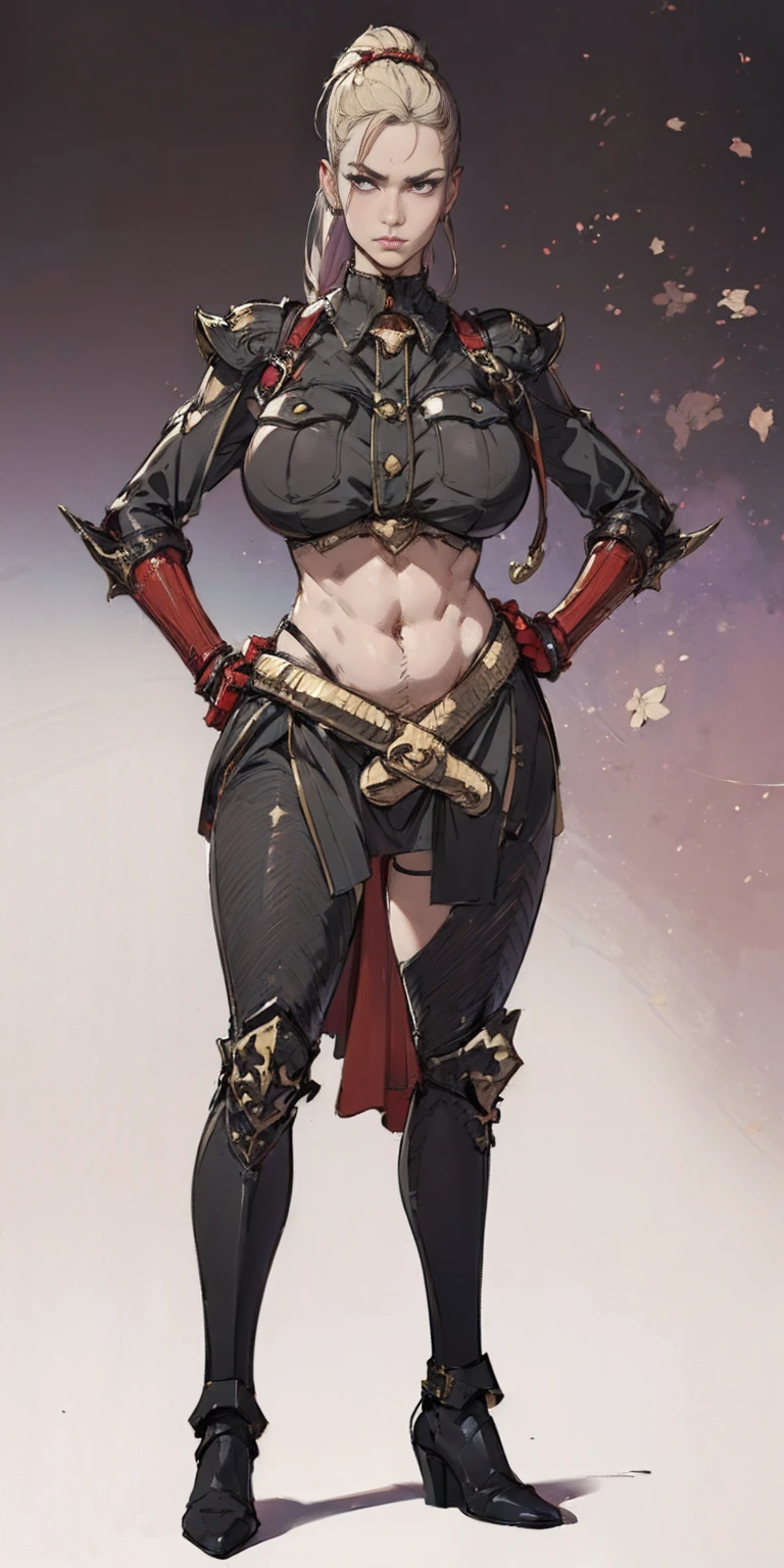 (high resolution, pixel perfect, gorgeous illustrations), (hyper quality, muste piece, etheric: 1.4), ((nsfw)), cowboy shot, face focus, ((1girl)), boyish, (((teenage girl))), ((((punk)))), (hot Rocker punk girl), ((((open stance)))), cool atmosphere, black hair, ((((very_short_hair, slicked_back_hair)))), (piercing), eyelid_piercing, ((((nose_piercing)))), Exquisite face, (gothic_makeup), tattoo, (((muscular_female))), (thick thighs, wide hips, small breasts), fighter, (((wh_chi_armor))), ((highleg_leotard_armor see_through)), (((cameltoe))), shiny skin, gleaming skin, simple background,