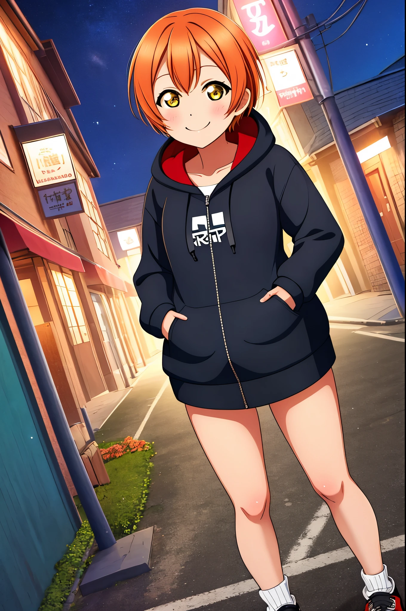 Masterpiece, best quality, Hoshizora rin, orange hair, yellow eyes,solo, looking_at_viewer, blush, short_hair, long_sleeves, collarbone, yellow_eyes, hair ornaments, hands in pocket, village street, hood, bare_legs, hoodie, standing, hood_down, zipper, naked_hoodie,thicc thighs, bottomless , shoes, smile , night 