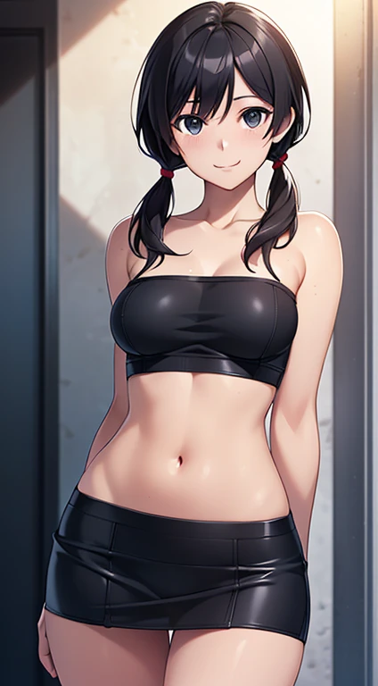 ((masterpiece, highest quality, High resolution, Hmm, Pixel perfect, Depth of written boundary, 4k, RTX, HDR))), 1 Girl, single, alone, Beautiful Anime Girls, 15 years old, Beautiful art style, Sunburned skin, anime character,,(Black hair,,Low twin tails),Black Eye, Narrow eyes, (Smooth texture:0.75, Realistic texture:0.65, Realistic:1.1, Anime CG Style), Medium breast,Perfect body ,(Black Tube Top), mini skirt, smile, Sunburned skin,,Vertical belly button、Skin radiance