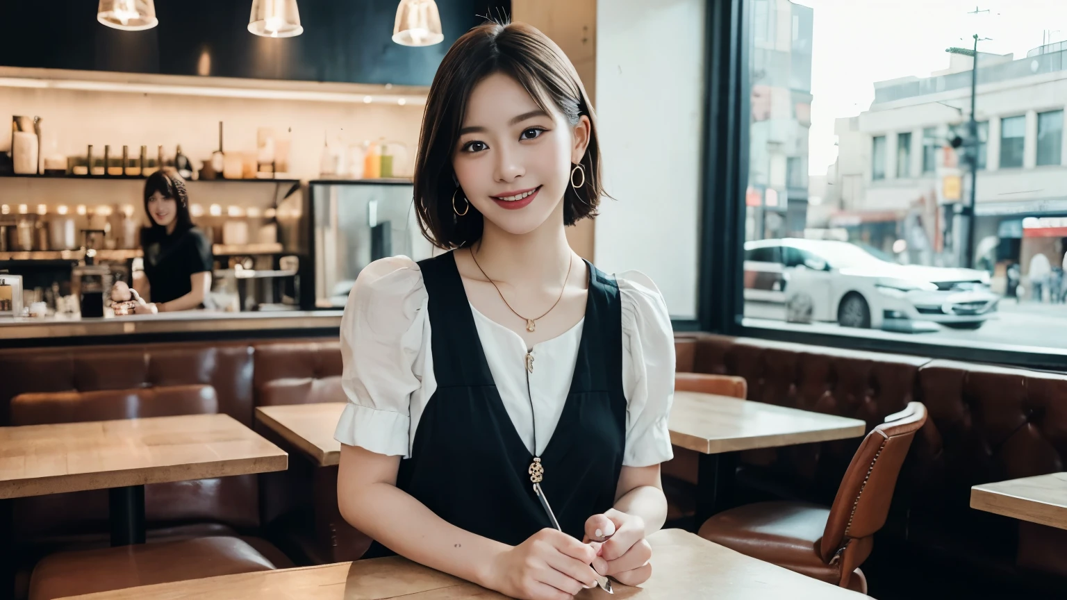 super high quality, short hair, thin, Photography Sculpture, The staff is working at the counter in the back.., (8k、RAW Photos、highest quality、masterpiece:1.2), Shaggy, Stylish cafe, People having fun at the cafe々Bustling with., (Realistic、Realistic:1.37), Mesh Hair, Urban Cafe, Golden Ratio, RAW Photos, Light brown hair, Earrings, Small breasts, Bright cafe interior, beauty salon model, Spring Clothes, Famous actress, beauty, necklace, Cafe Terrace, Open Cafe, 28 years old, A kind smile, Hair blowing in the wind, Dress neatly,
