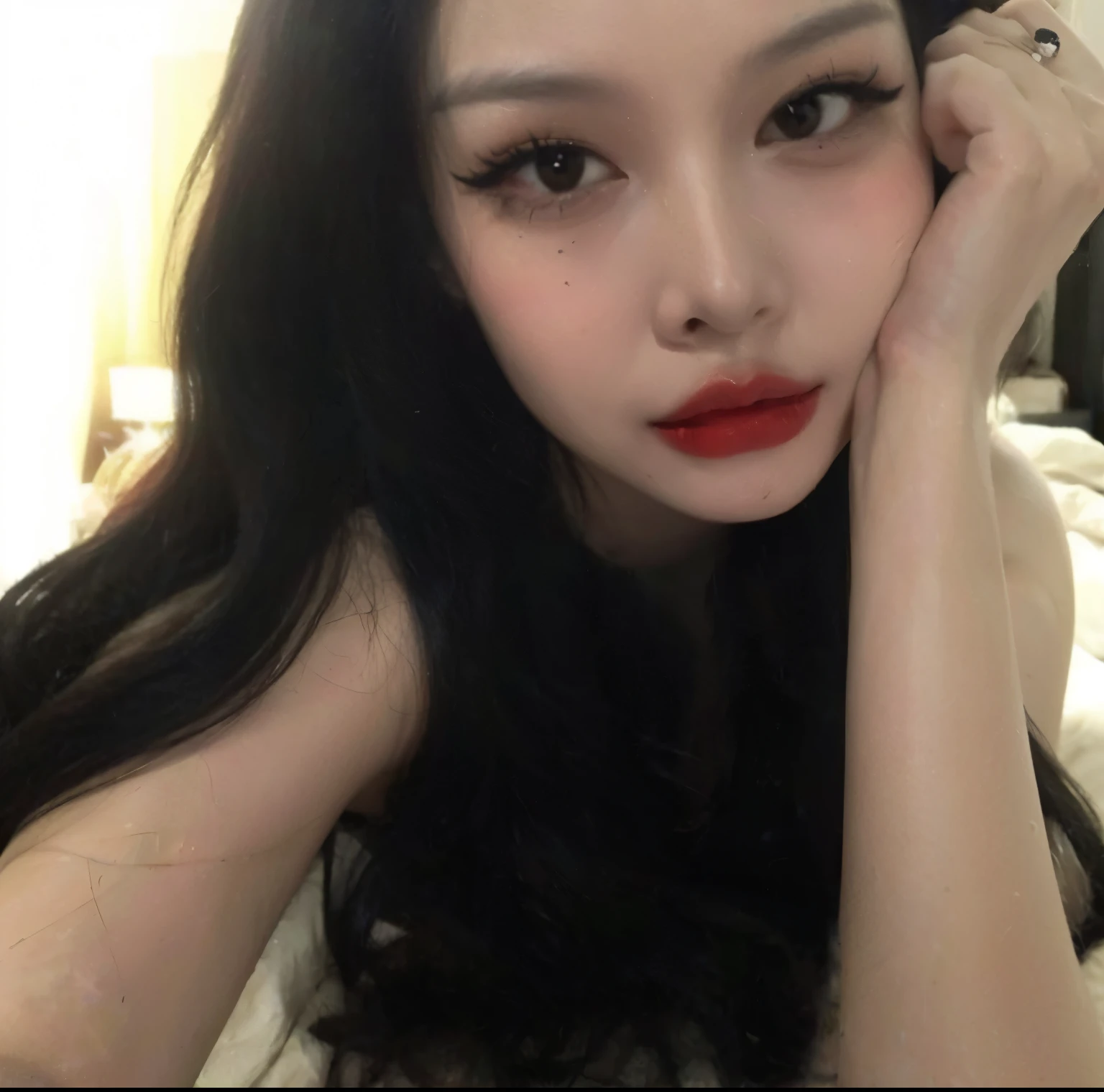 Araped woman with long black hair and red lipstick lying on bed, Brutal Korean Goth Girl, 18 years, 22 years, korean, 21 years, 16 years, Best Face, 23 years, 1 8 I, Mulher sul-korean bonita, asian girl, very pale white skin