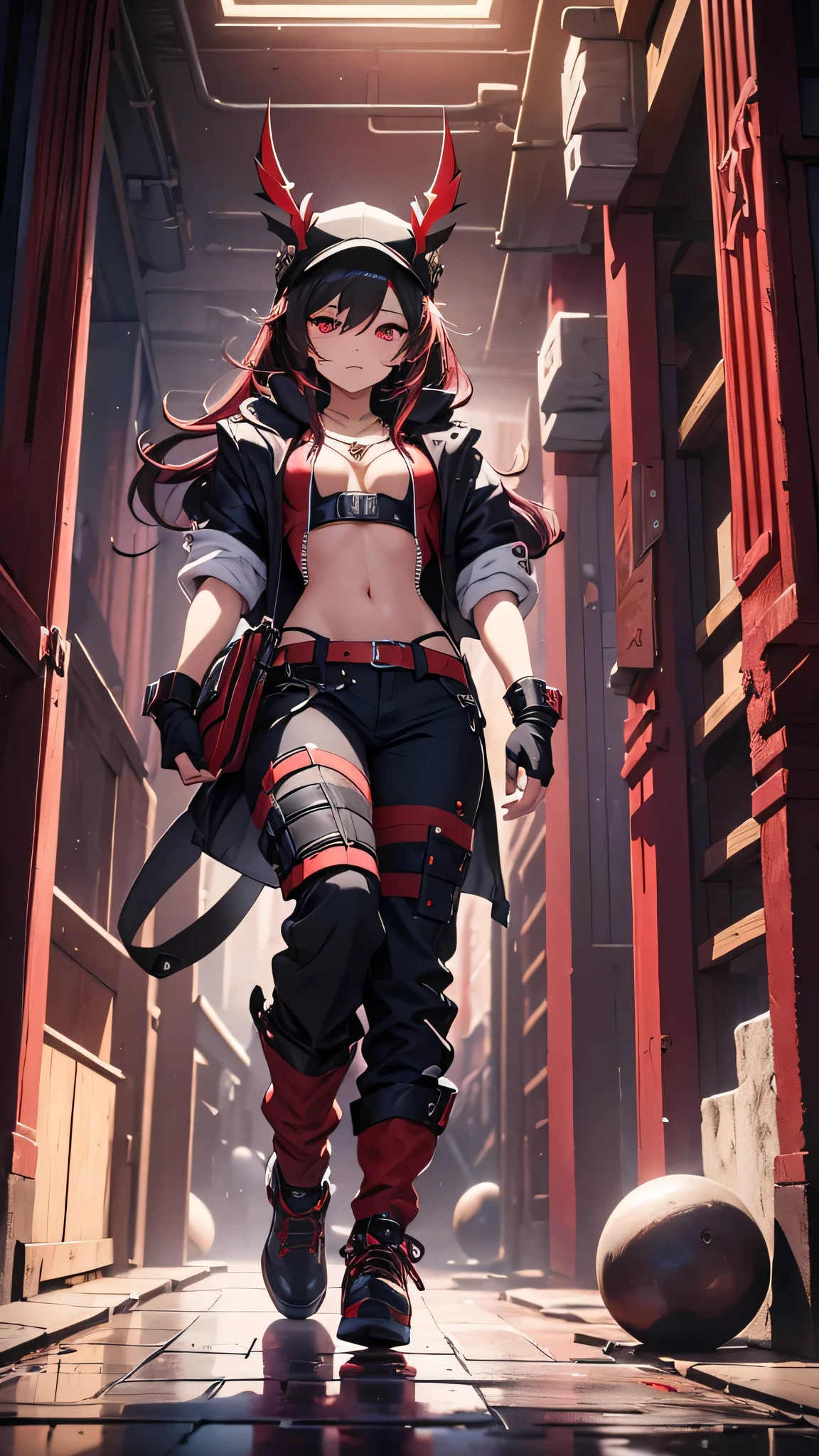 Highest quality、Highest quality、Masterpiece、girl((Metal body,Age 25、as soon as、Highest Bust、Medium Bust、Wide open chest、Red glowing eyes、Black Ear、Red Mesh、Disheveled Hair、Loincloth、thin、The best valley、Open chest、Luminous Wristbands、hair ornaments、Full body view、Black short-sleeved hoodie、Red pants、scar、cell phone、A little muscular、Ruby Necklace、No underwear、hat,Embarrassed face))、high quality、Beautiful Art、background((night、Black and white room))、flight、Flying Debris、Depth of text、movie、Visual Arts、Perfect Art、8K、Genuine、